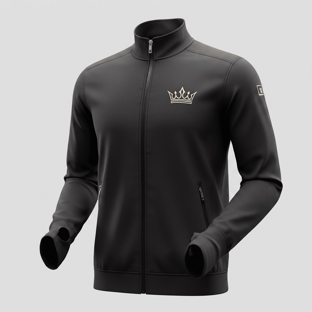 Black athletic full-zip jacket with a mock neck, thumbholes, and a metallic gold crown logo on the chest.