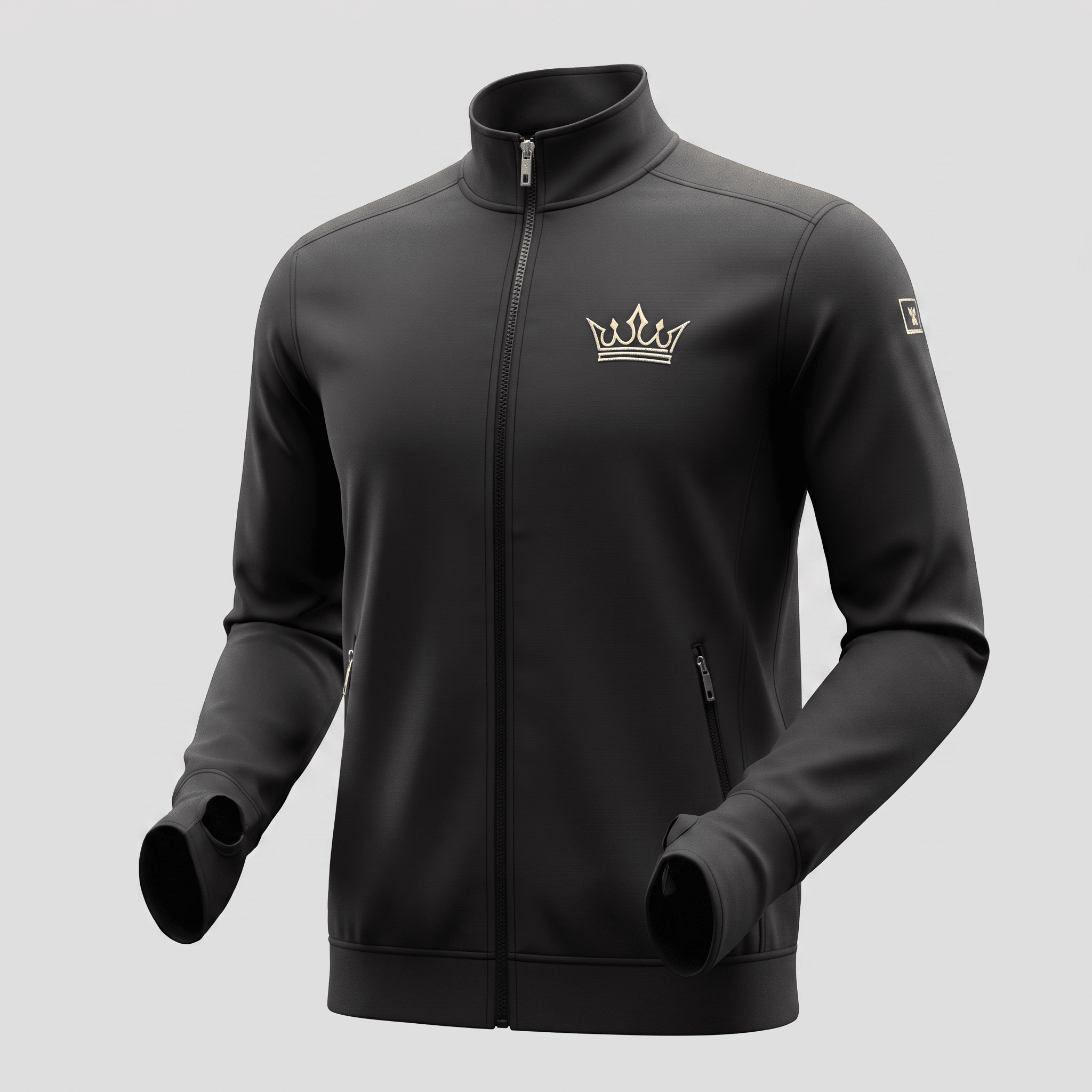Black athletic full-zip jacket with a mock neck, thumbholes, and a metallic gold crown logo on the chest.