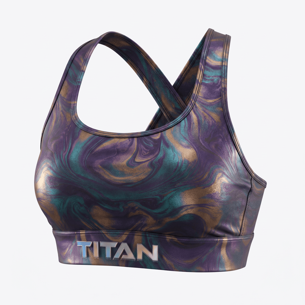 Titan purple and gold metallic swirl sports bra with crisscross straps.