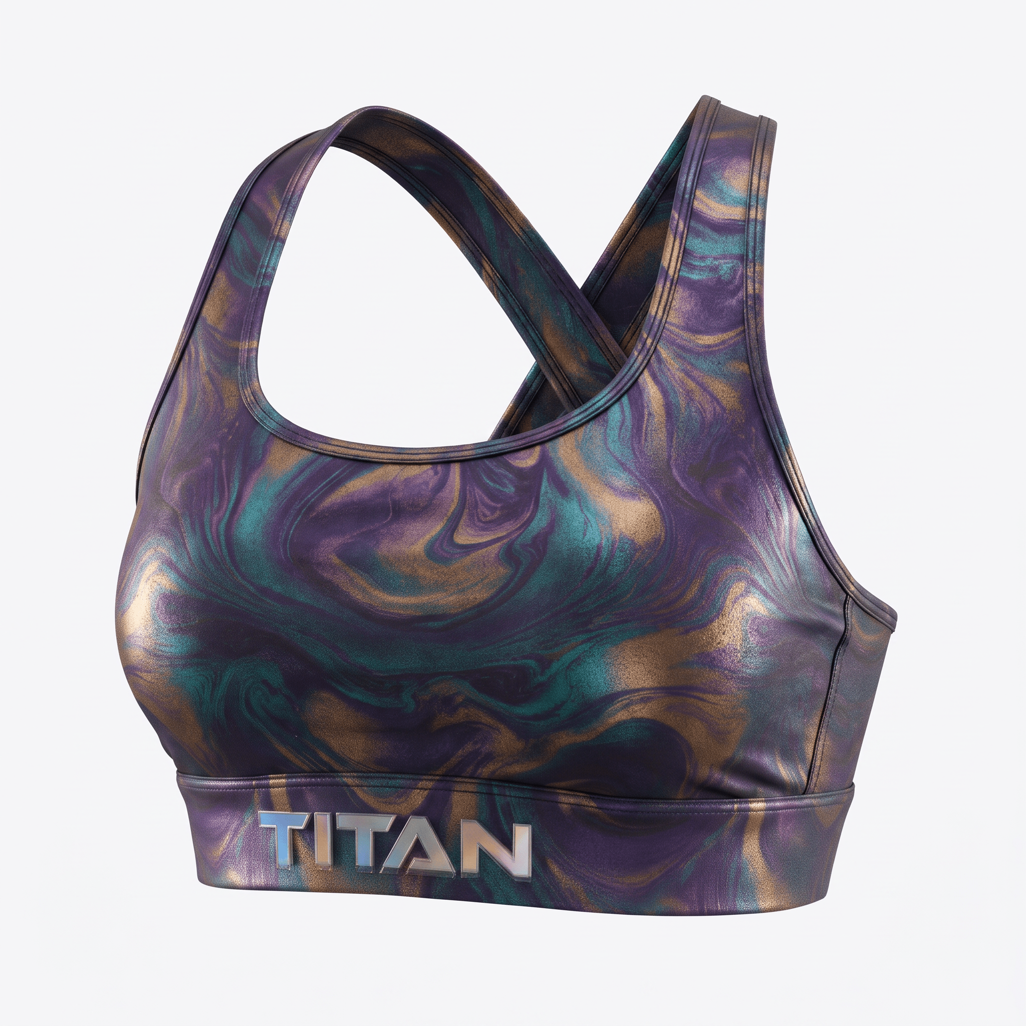 Titan purple and teal marble athletic sports bra with a supportive crossback strap design.