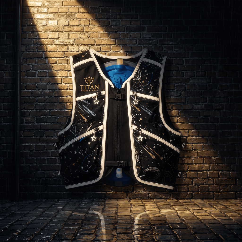 Black running hydration vest with a celestial print, Titan Sport Global logo, and star-shaped zipper pulls.
