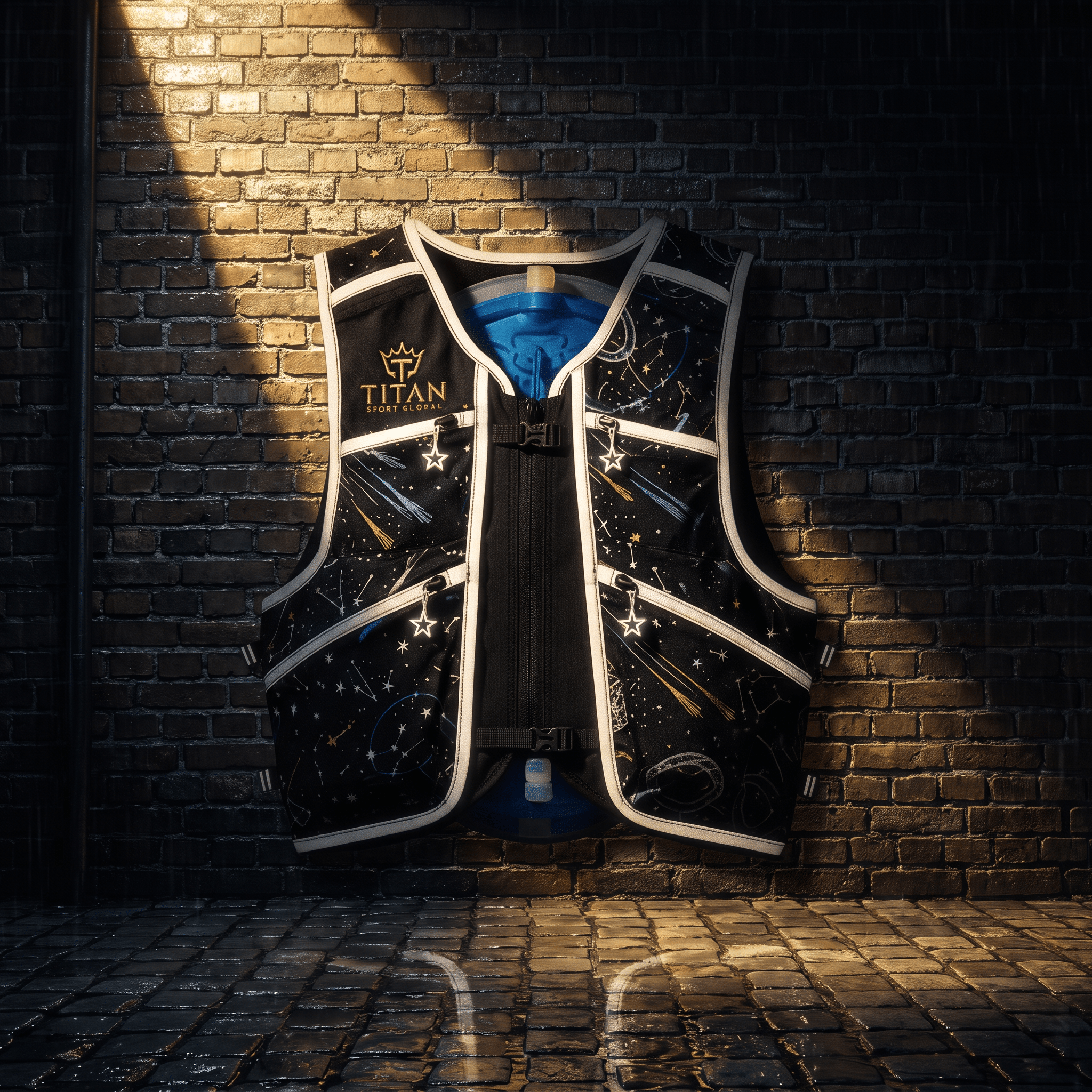 Black running hydration vest with a celestial print, Titan Sport Global logo, and star-shaped zipper pulls.