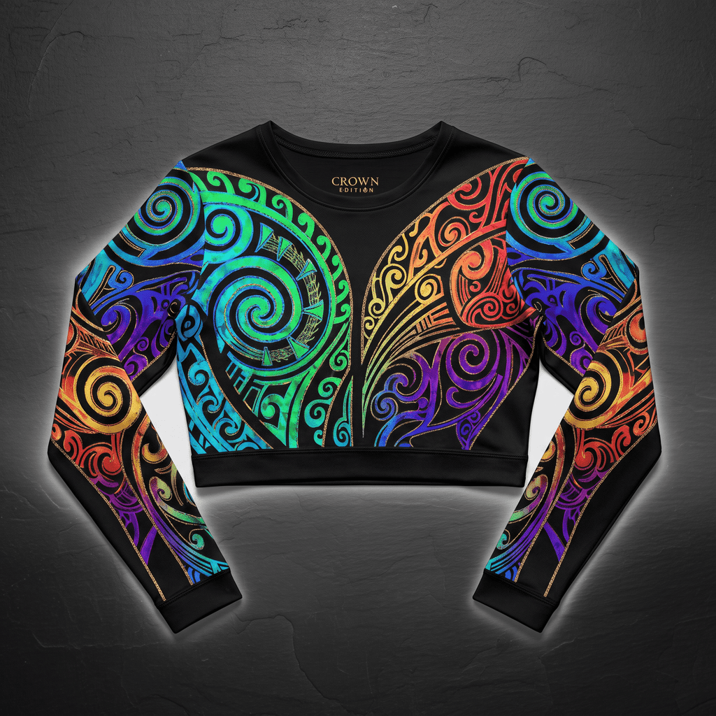 Black long-sleeve crop top featuring vibrant rainbow tribal patterns across the front and sleeves.