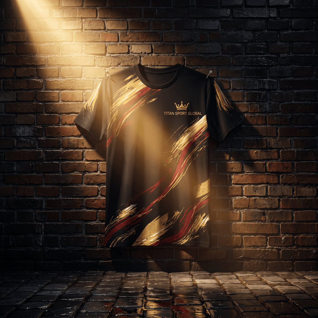 Black athletic t-shirt with gold and maroon brushstroke patterns, featuring a crown logo and Titan Sport Global text.
