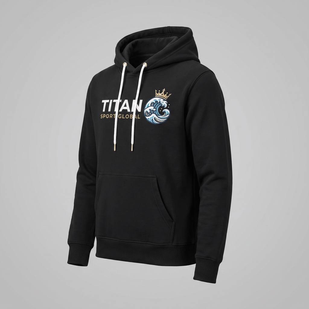 Black Titan Sport Global hoodie with white drawstrings and a blue crown wave chest graphic.