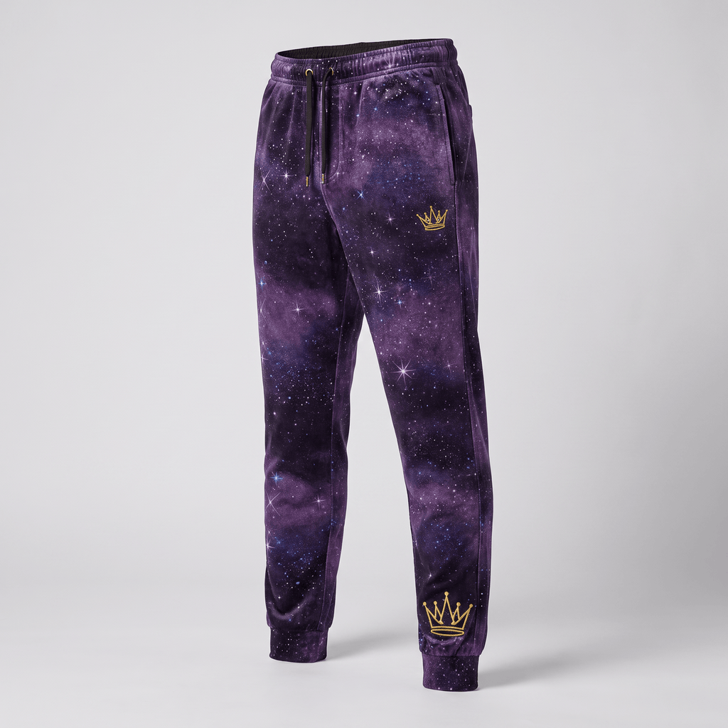 Purple galaxy print joggers with gold crown embroidery, drawstring waist, and cuffed ankles on a neutral background.