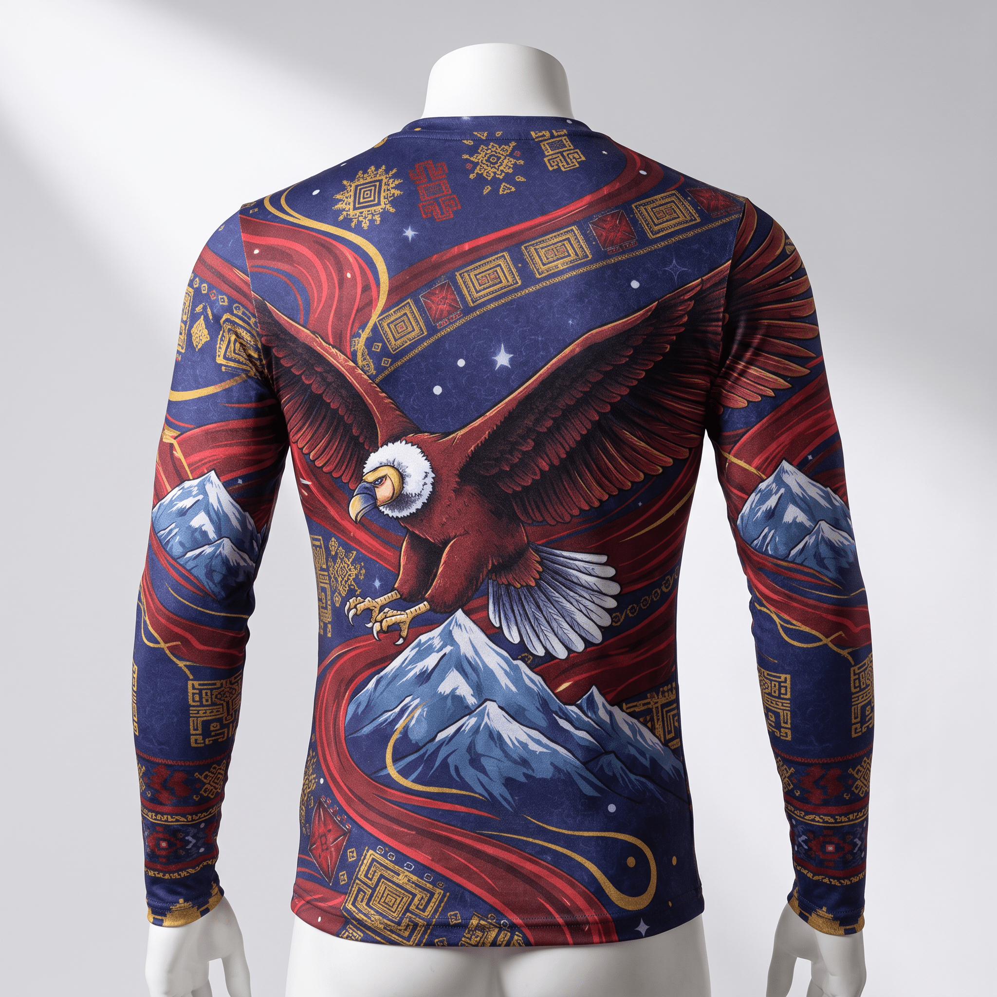 Back view of blue long sleeve rash guard with eagle, mountain, and red pattern on white mannequin.