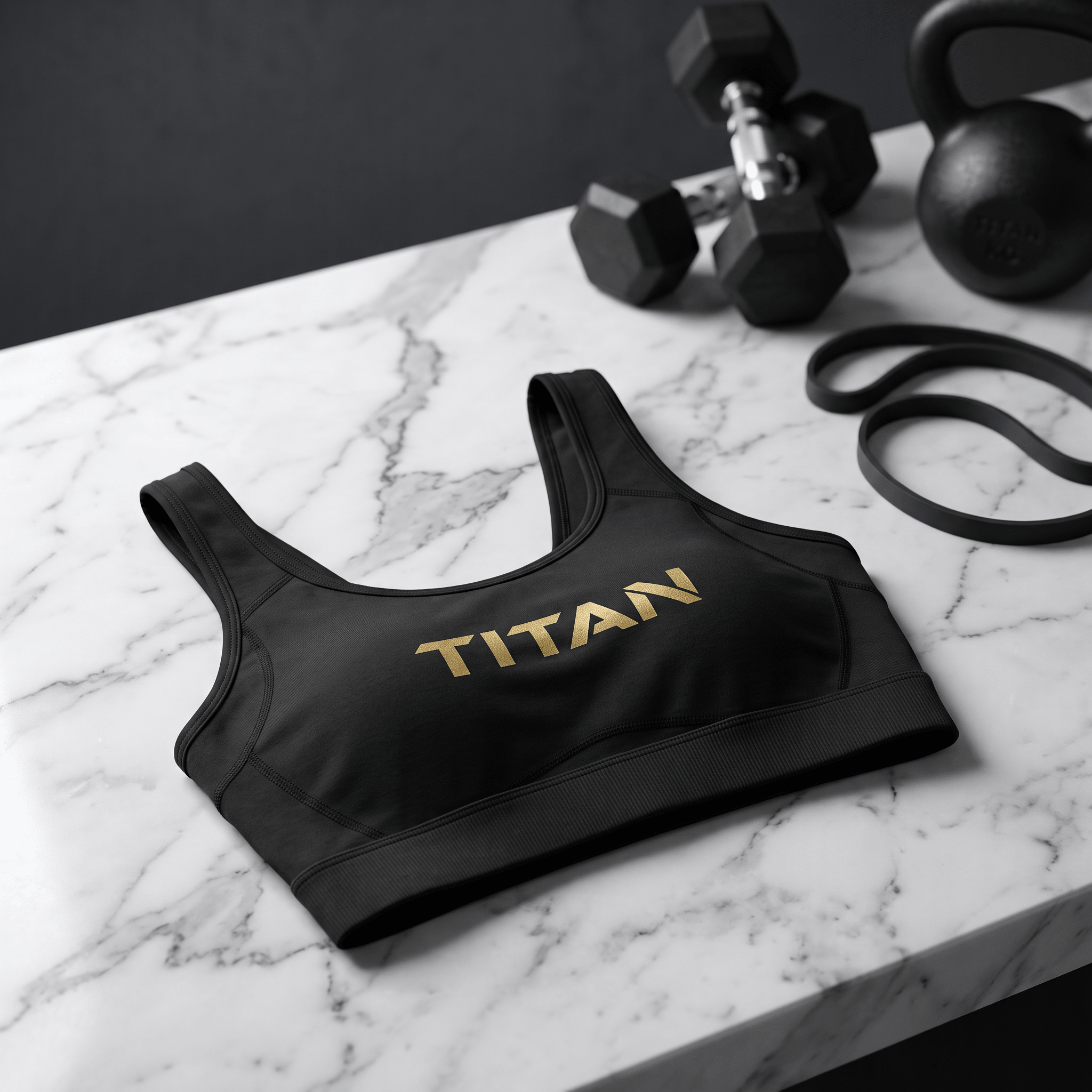 Black athletic sports bra with gold "TITAN" logo on a marble surface with dumbbells and a resistance band.