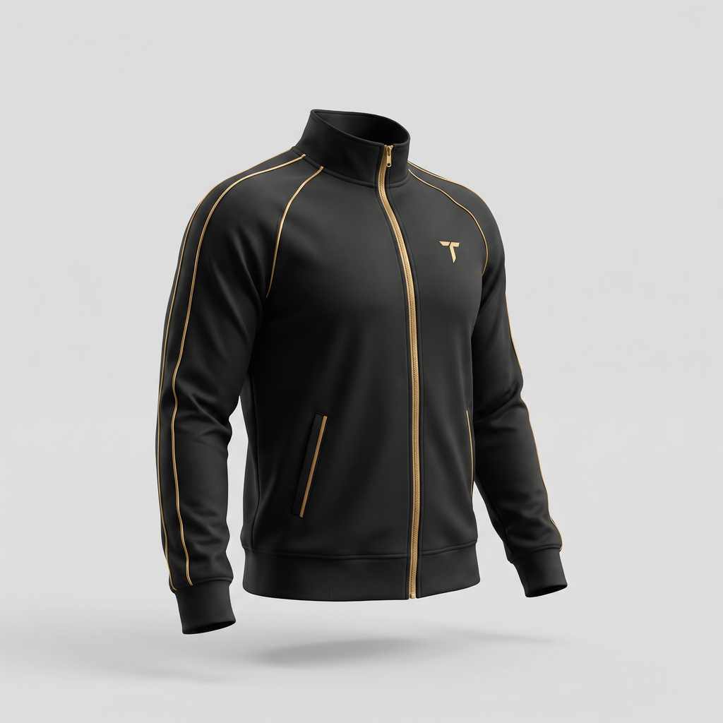 Black athletic track jacket with gold piping, stand collar, full zip, and a gold logo on the chest.
