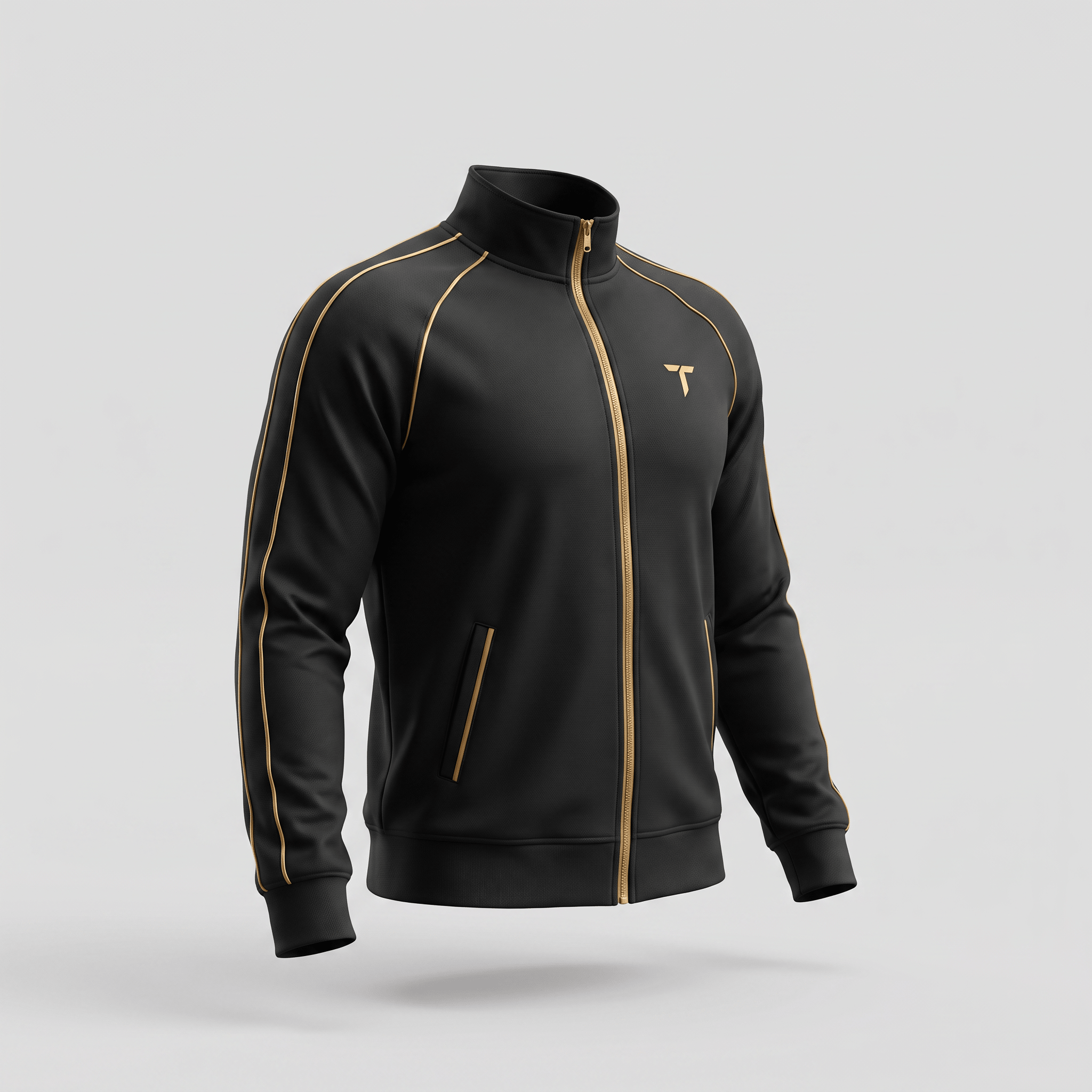 Black athletic track jacket with gold piping, stand collar, full zip, and a gold logo on the chest.