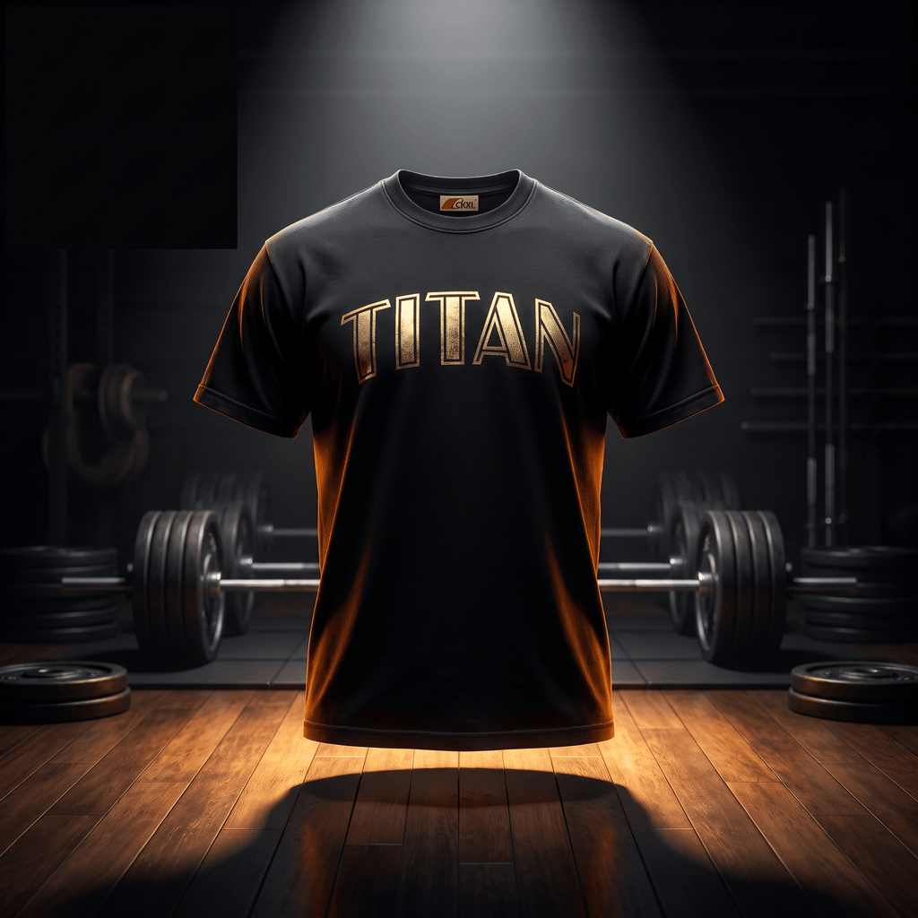Black athletic t-shirt with gold "TITAN" text, centered in a dark gym with weights and hardwood floors.