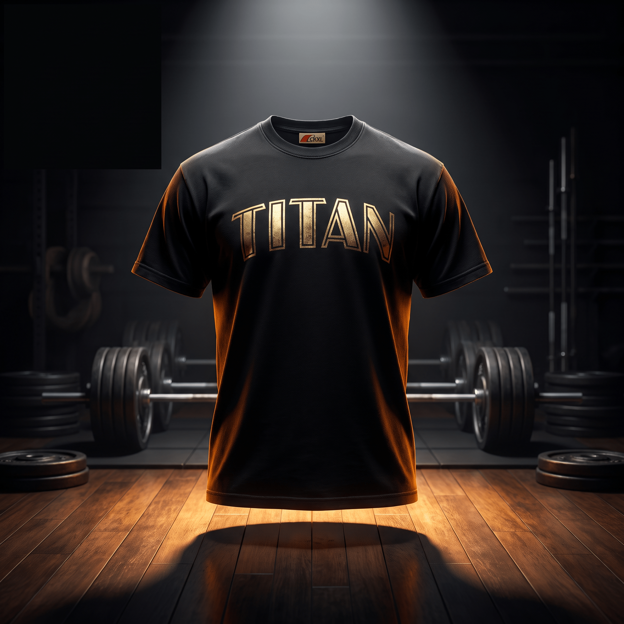 Black athletic t-shirt with gold "TITAN" text, centered in a dark gym with weights and hardwood floors.