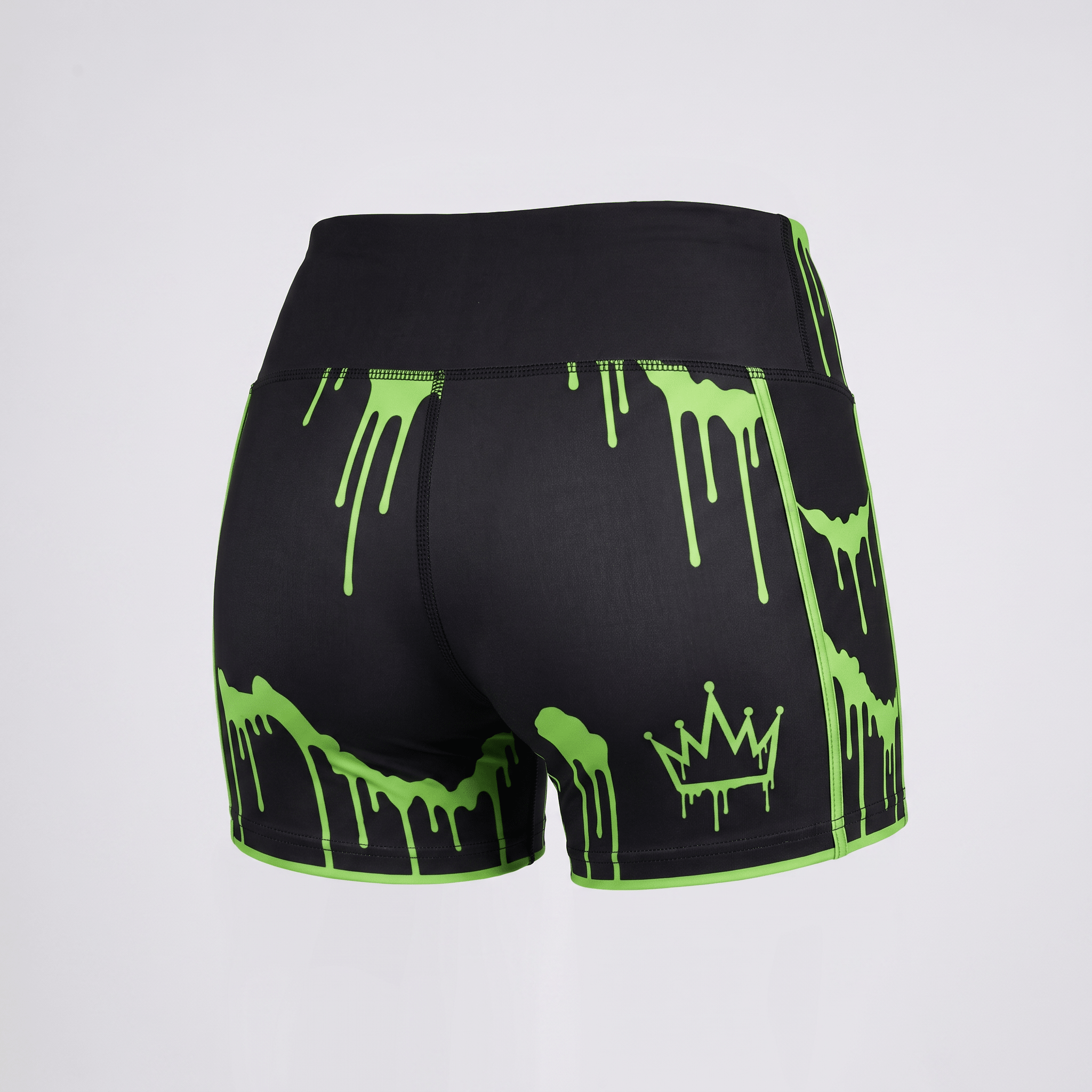 Black athletic shorts with neon green slime drip pattern and crown graphic from behind.