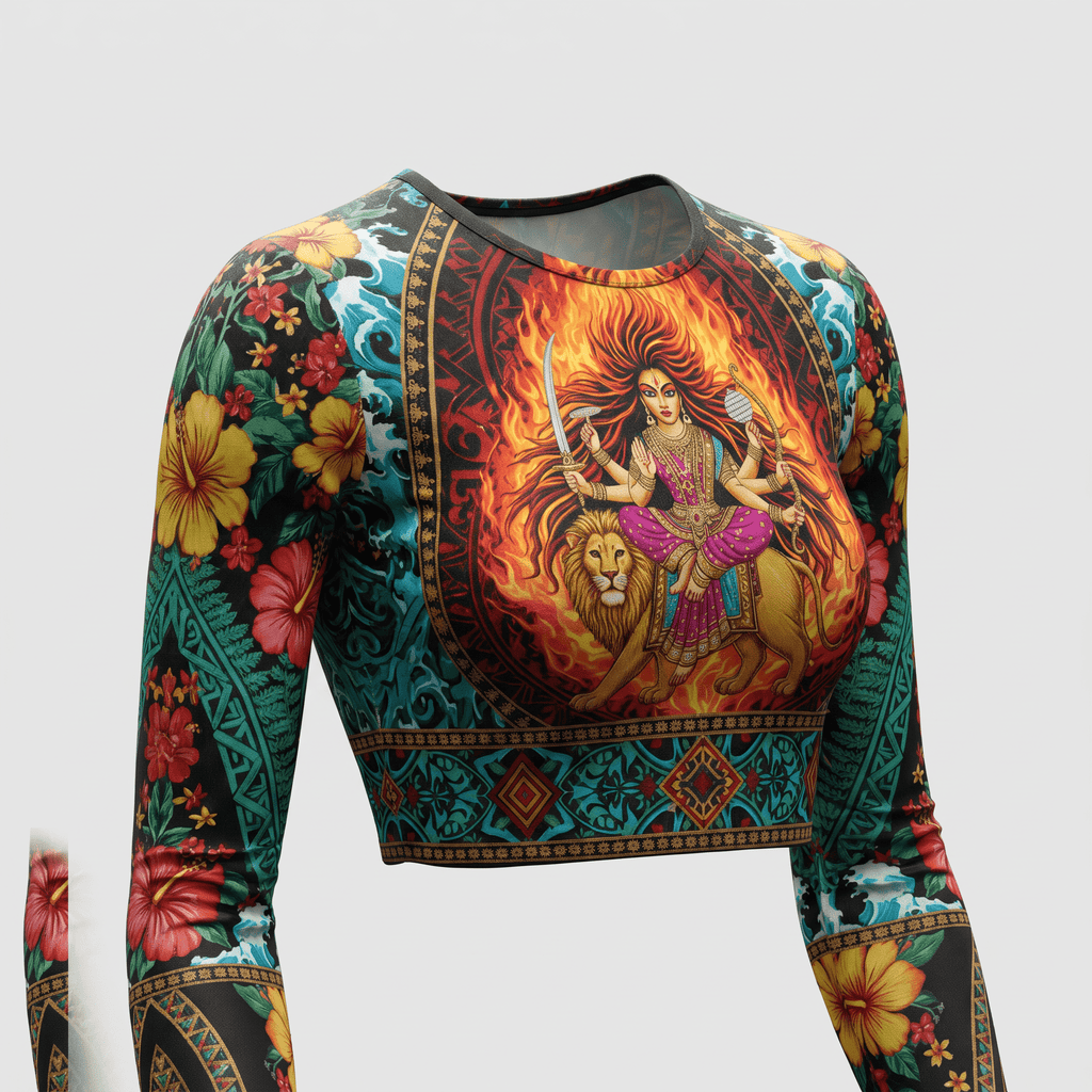 Long-sleeve crop top featuring a multi-armed goddess on a lion amidst flames, surrounded by tropical floral patterns.
