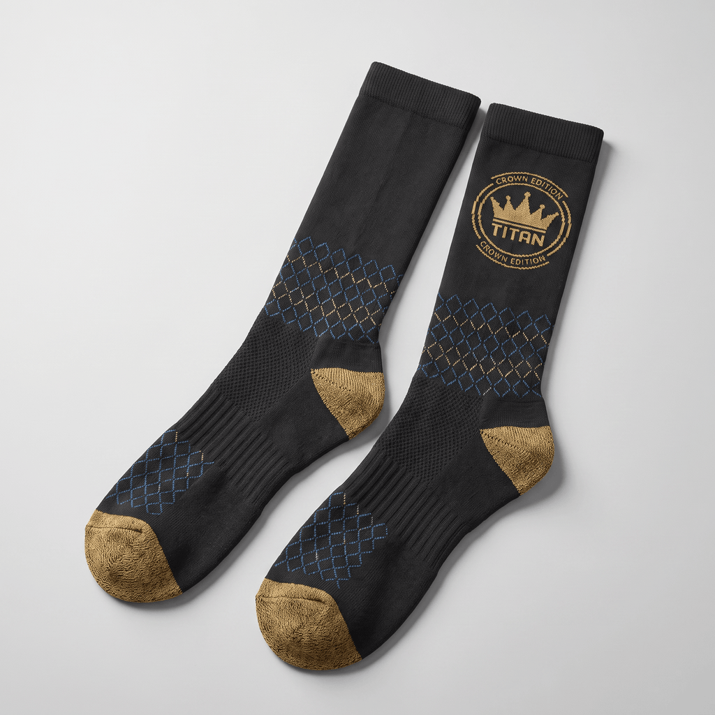 Black athletic crew socks with gold heels, toes, diamond pattern, and Titan Crown Edition logo.