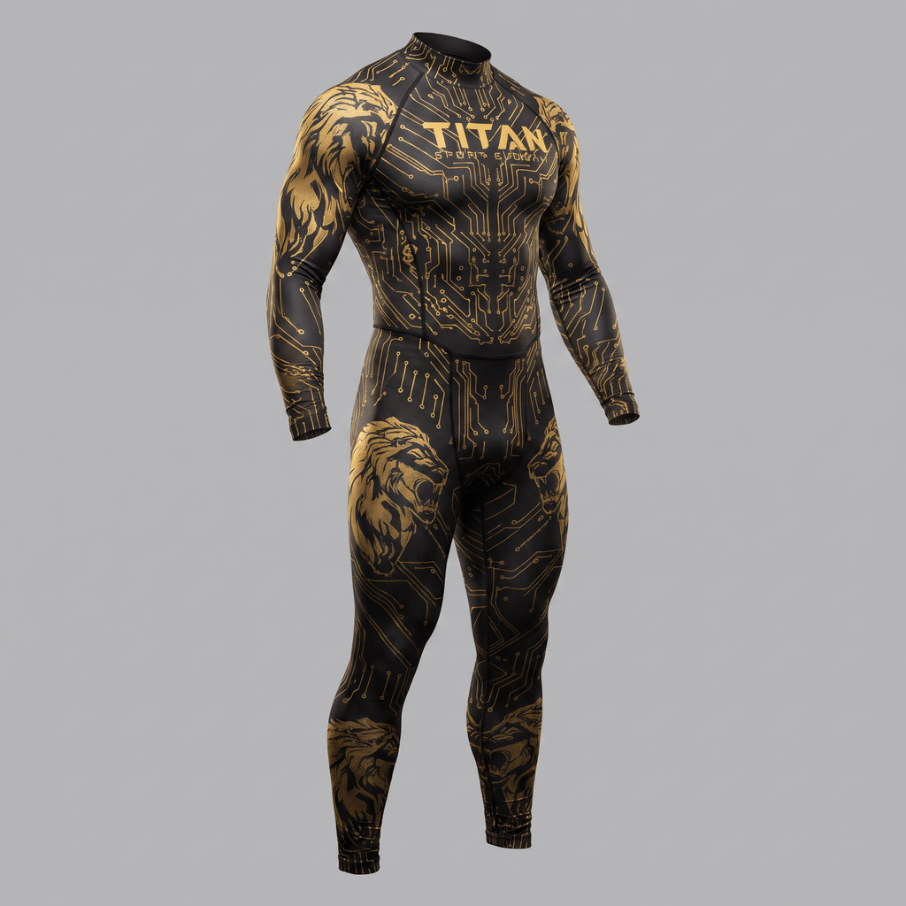 Black and gold Titan athletic compression rash guard and matching spats set with lion and circuit board print.