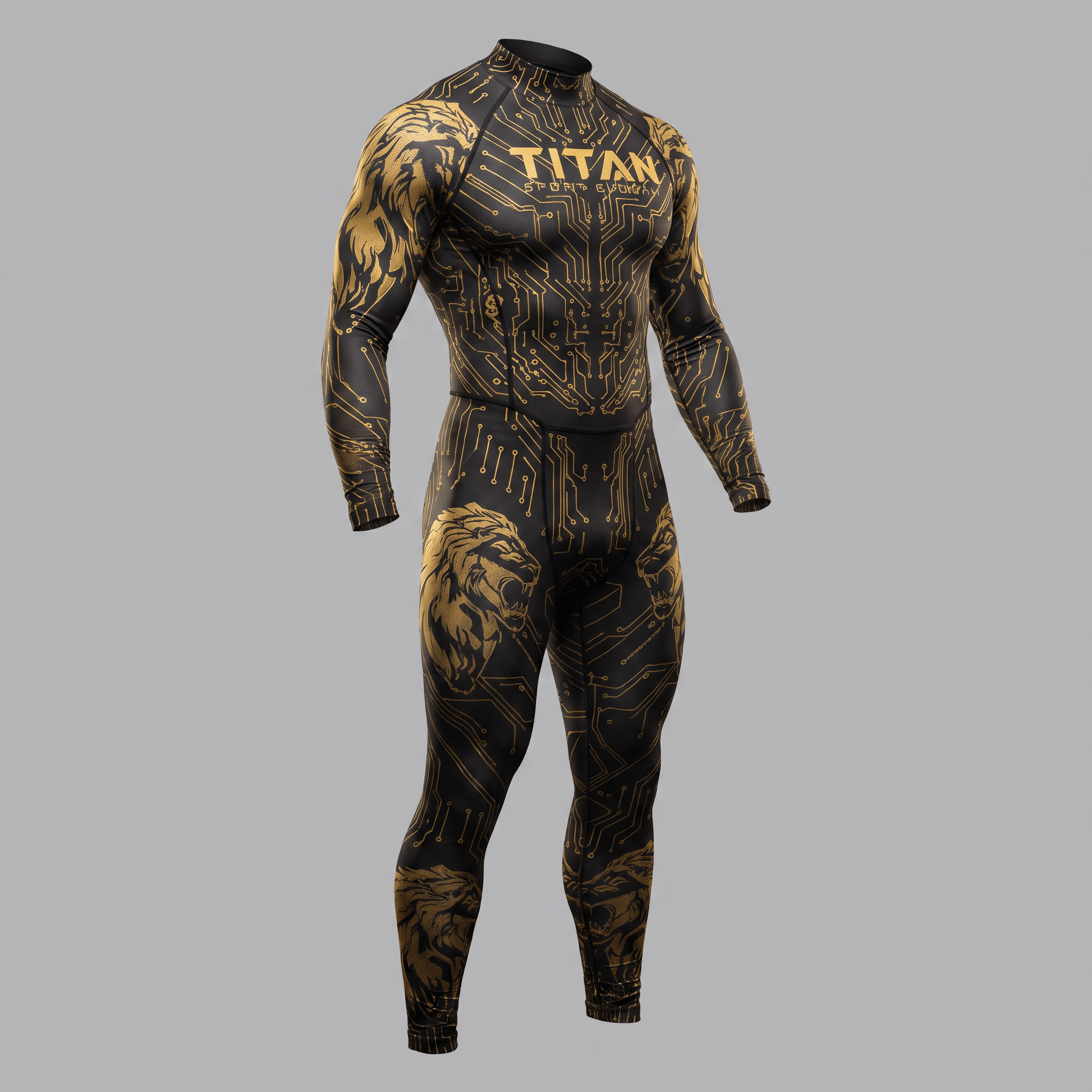 Black and gold Titan rash guard and spats set featuring circuit board patterns and roaring lion graphics.