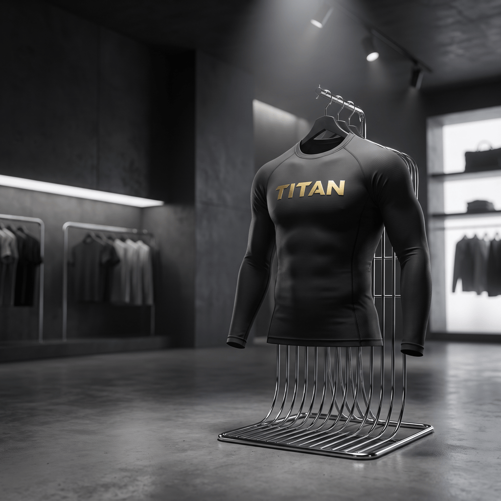 Black long-sleeve compression shirt with gold "TITAN" logo on chest, displayed on a minimalist chrome rack.