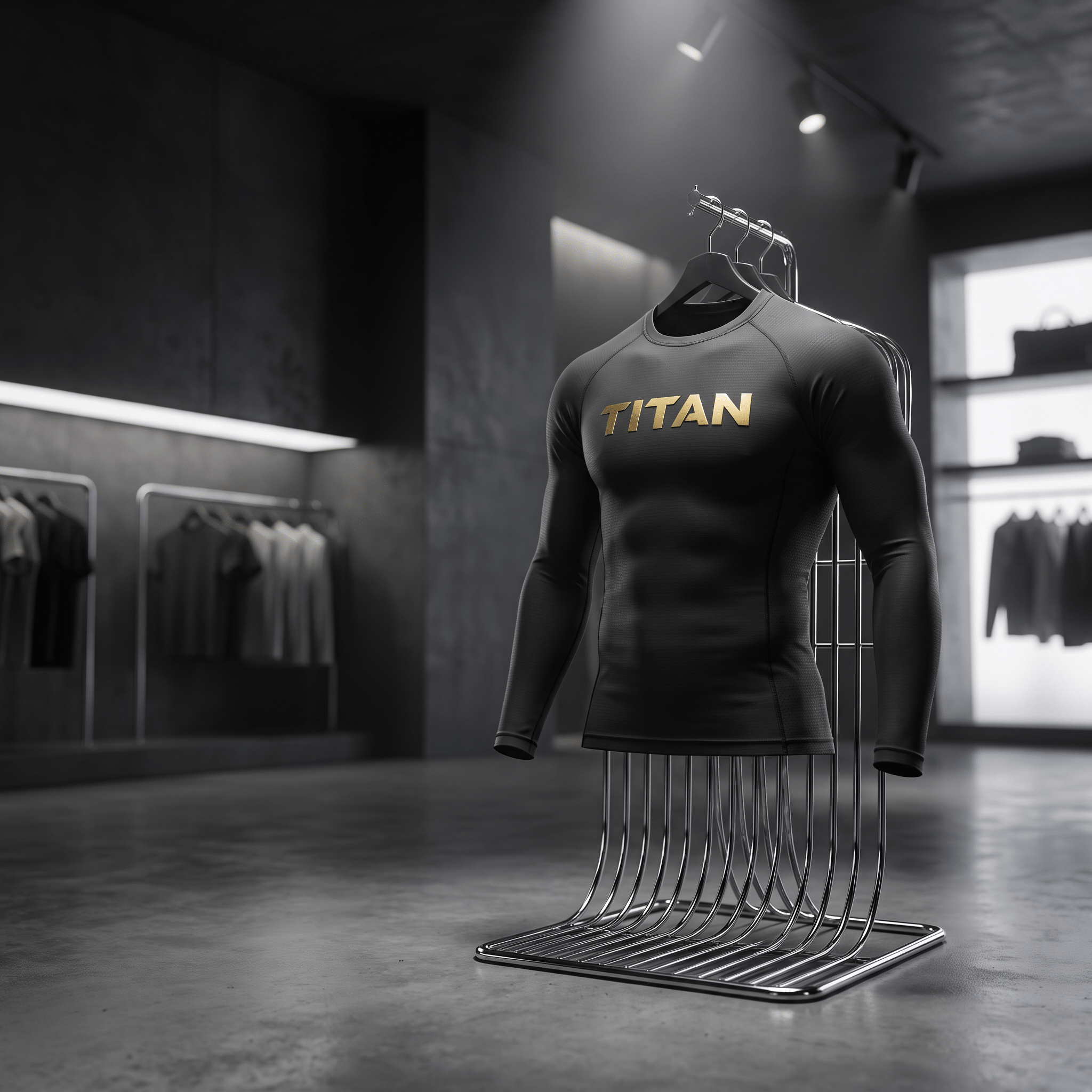 Black long-sleeve compression shirt with gold "TITAN" logo on chest, displayed on a minimalist chrome rack.