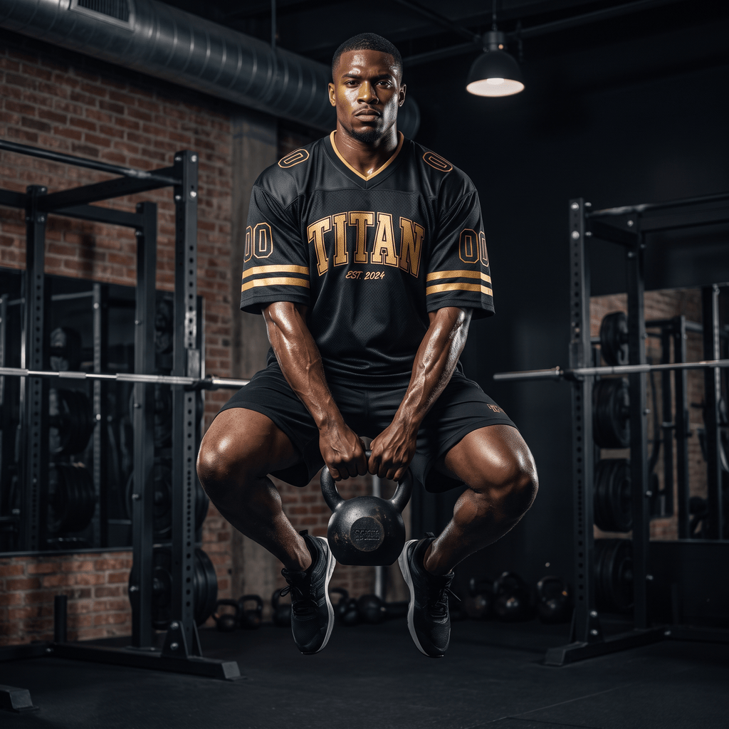 An athlete jumps in gym, wearing a black-and-gold TITAN Performance Boxy Football Jersey and holding a kettlebell.