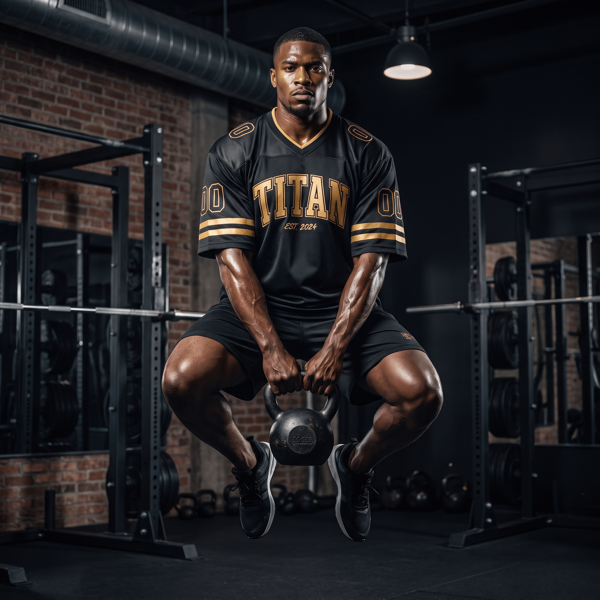 An athlete jumps in gym, wearing a black-and-gold TITAN Performance Boxy Football Jersey and holding a kettlebell.