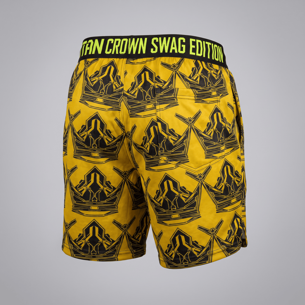 Back view of yellow athletic shorts featuring a black crown pattern and Titan Crown Swag Edition waistband.