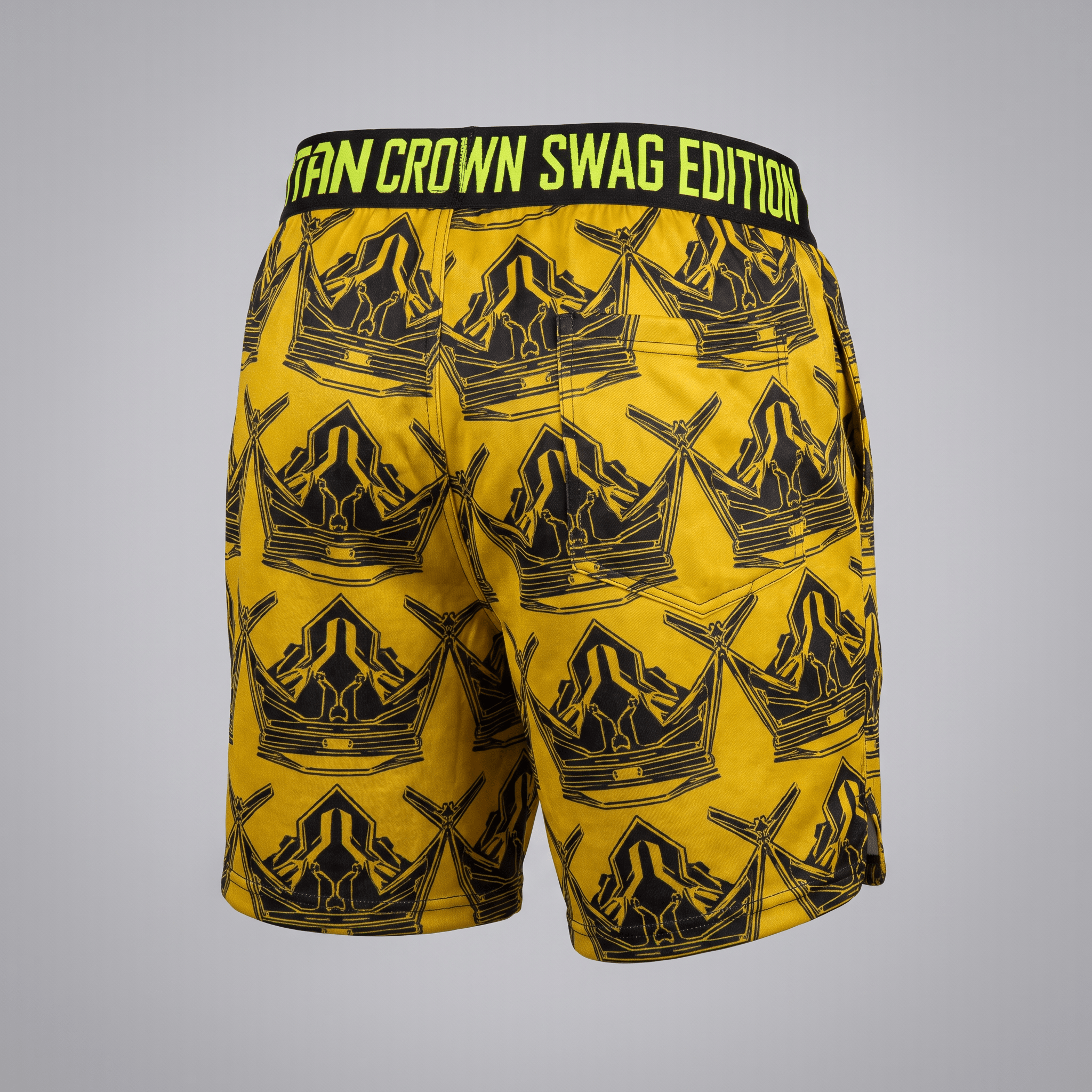 Back view of yellow athletic shorts featuring a black crown pattern and Titan Crown Swag Edition waistband.
