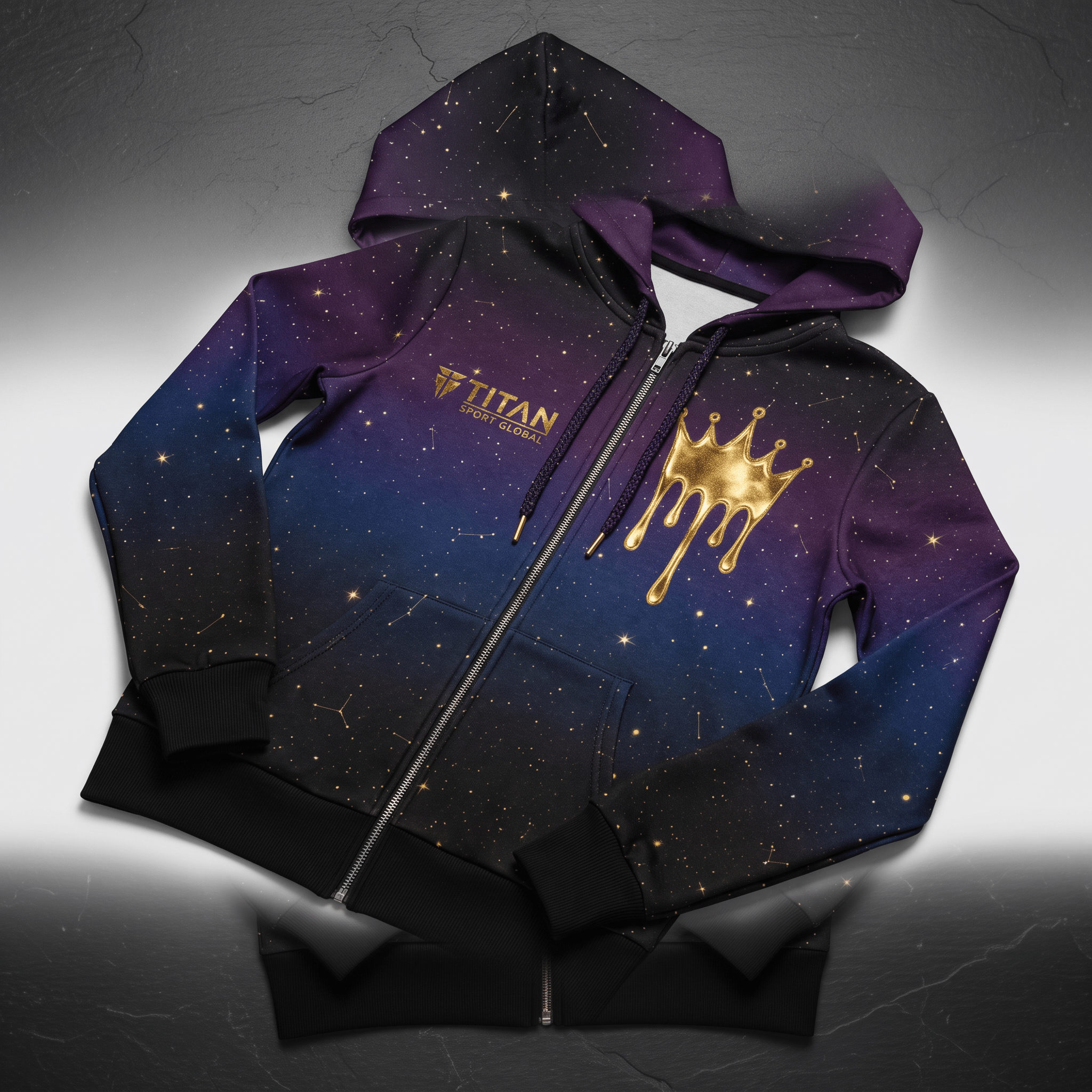 Purple and black zip-up hoodie featuring a galaxy print, gold crown graphic, and Titan Sport Global logo.