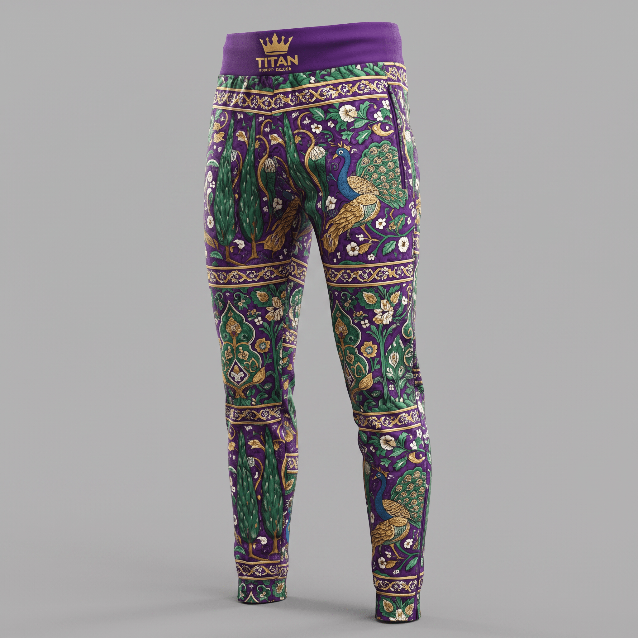 Purple joggers featuring a green and gold peacock, floral, and tree tapestry pattern with a branded waistband.