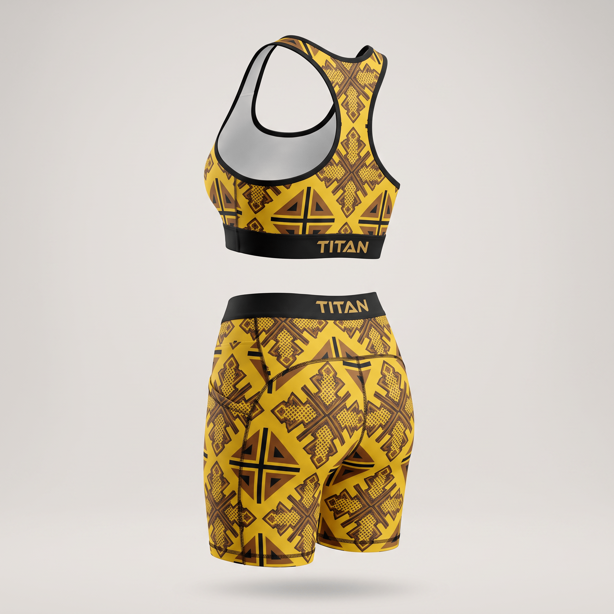 Titan athletic set in yellow and brown with geometric pattern, featuring a sports bra and biker shorts from the rear.