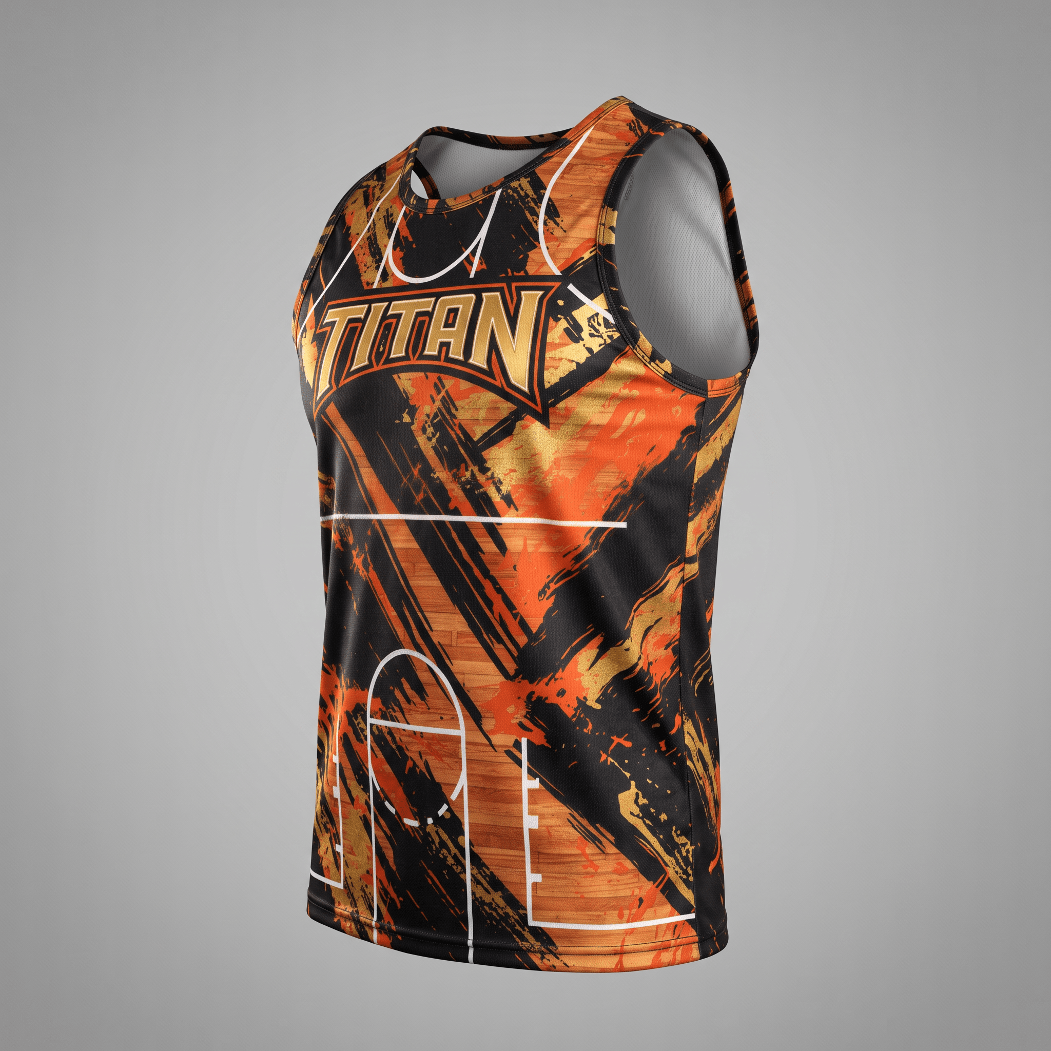 Titan orange and black basketball jersey tank top with court lines and distressed brushstroke pattern.