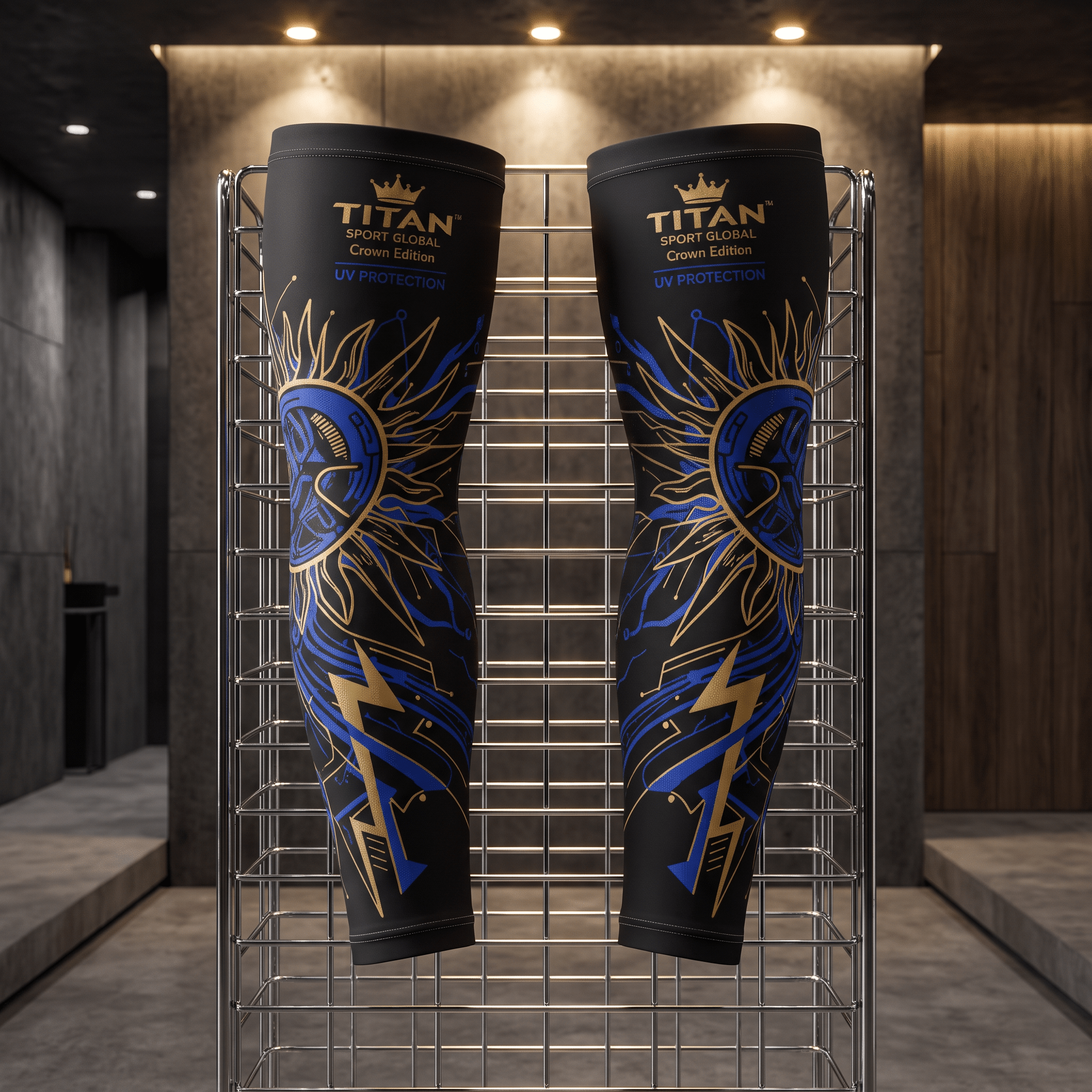 Black UV protection sleeves with blue and gold sun and lightning designs, branded "Titan Sport Global Crown Edition."