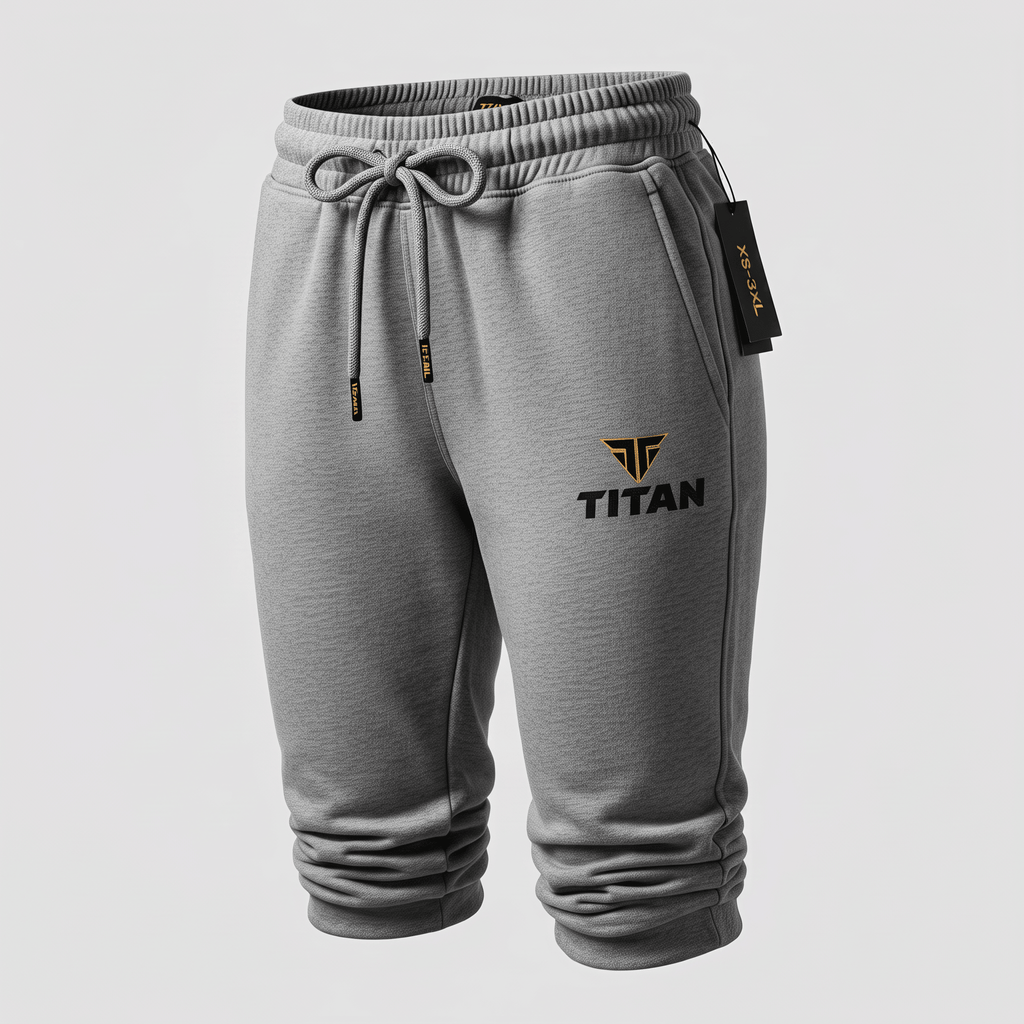 Grey heather athletic sweatpants with drawstring waistband and Titan logo on the thigh.