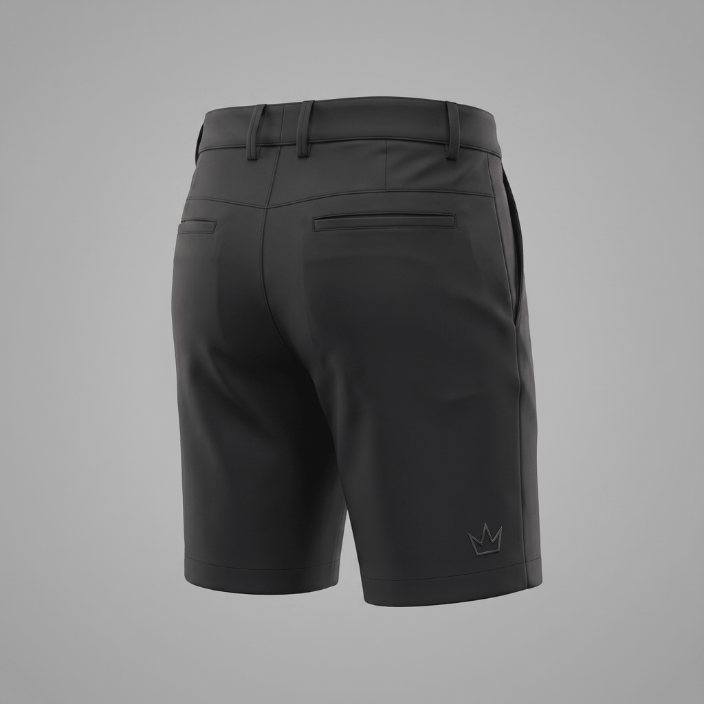Back view of black performance golf shorts with belt loops and subtle crown logo on the hem.