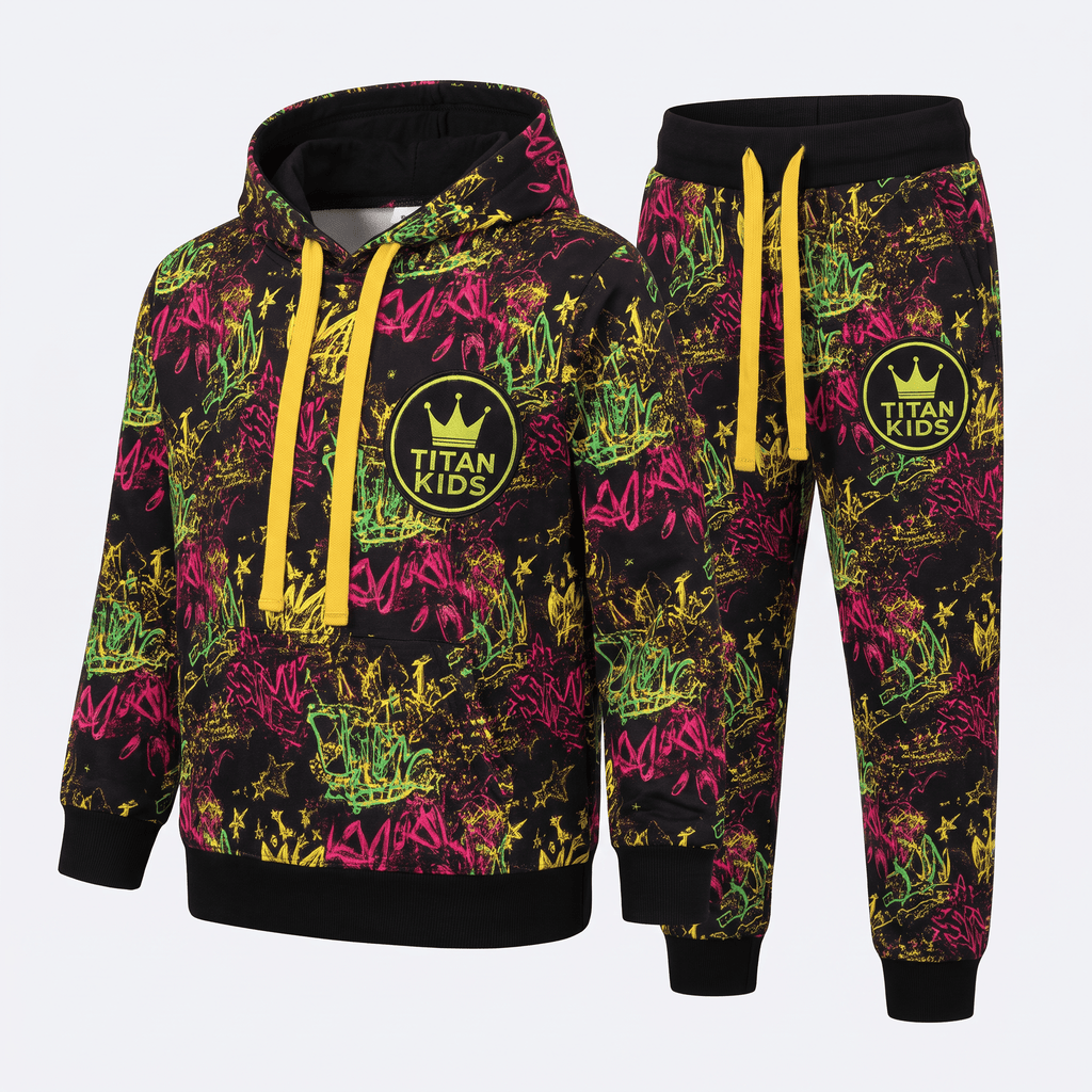 Kids black tracksuit with colorful graffiti print, yellow drawstrings, and Titan Kids crown logo patches.
