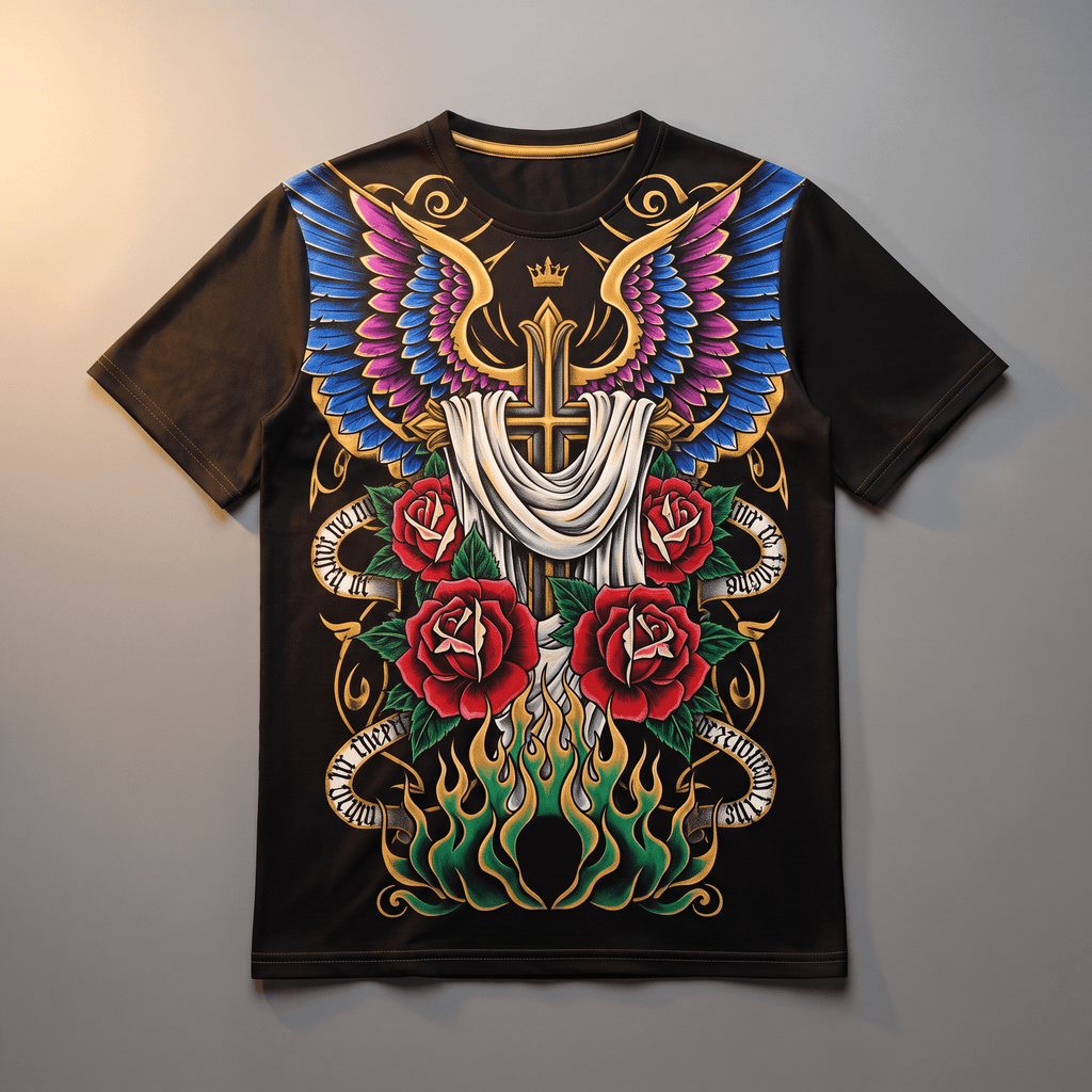 Black t-shirt featuring tattoo-style graphics with a winged cross, red roses, and green flames.