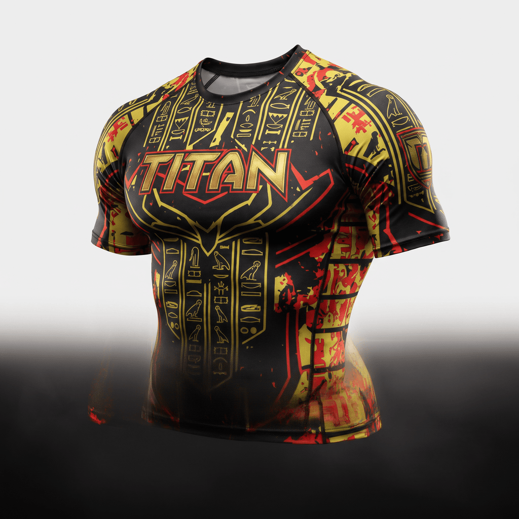 Titan short-sleeve rash guard in black, red, and gold with Egyptian hieroglyphs and athletic fit.