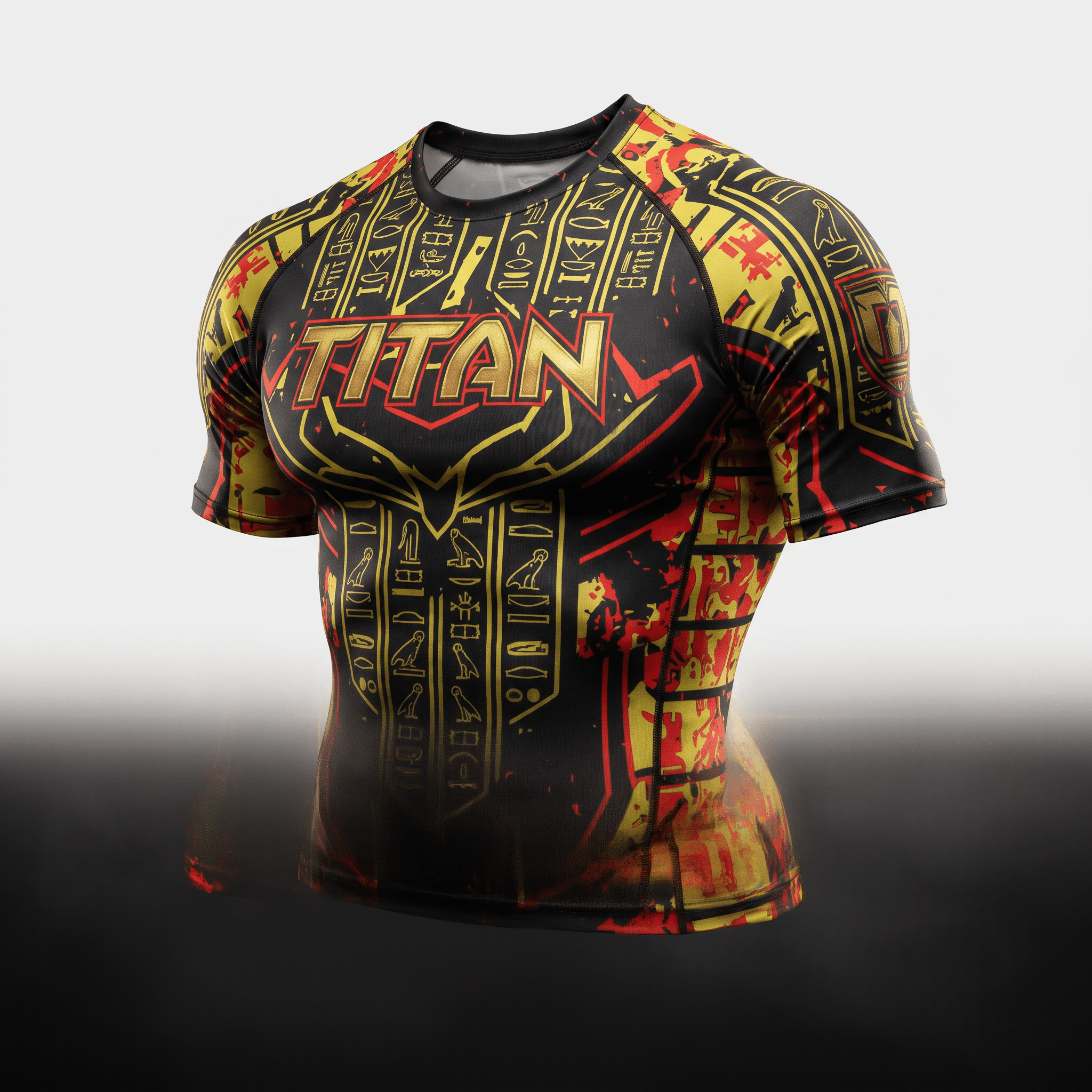 Titan short-sleeve rash guard in black, red, and gold with Egyptian hieroglyphs and athletic fit.