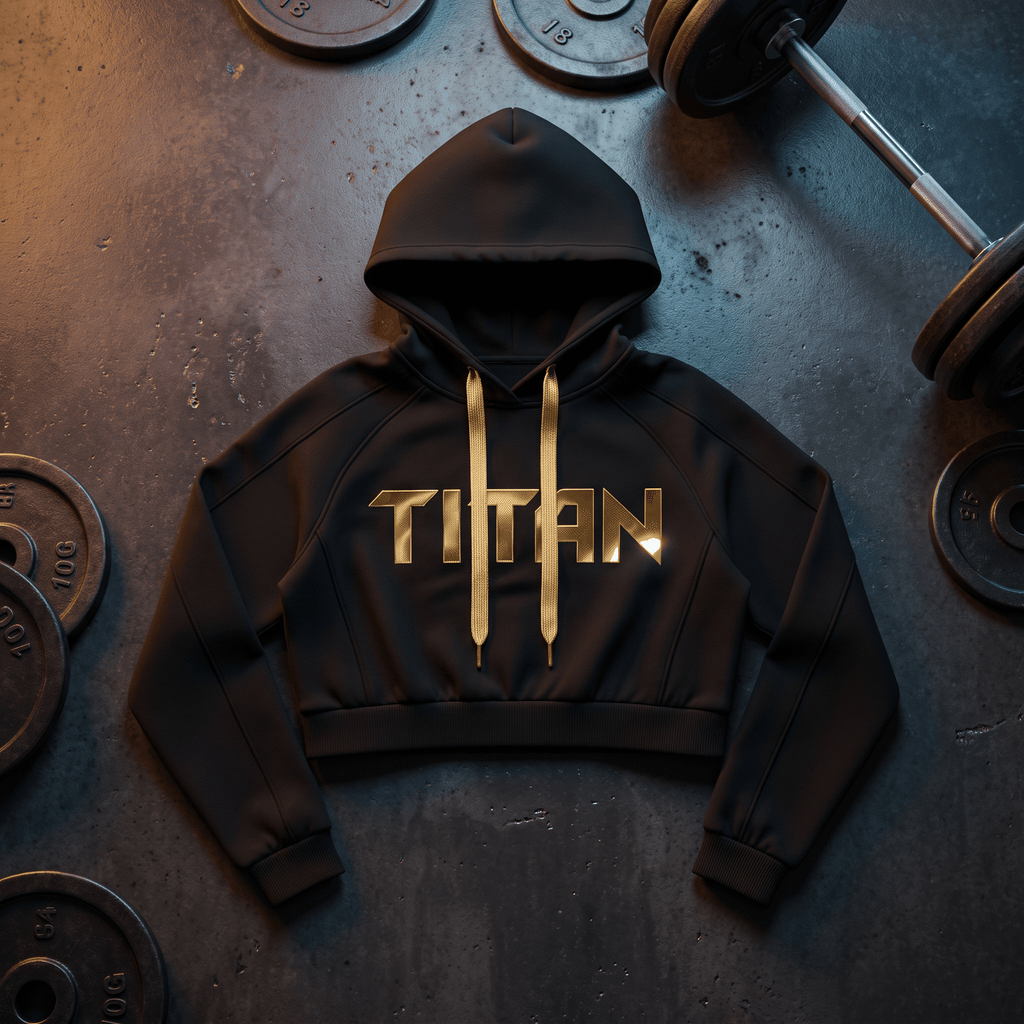 Black cropped hoodie featuring a metallic gold "TITAN" logo and matching gold drawstrings on a gym floor with weights.
