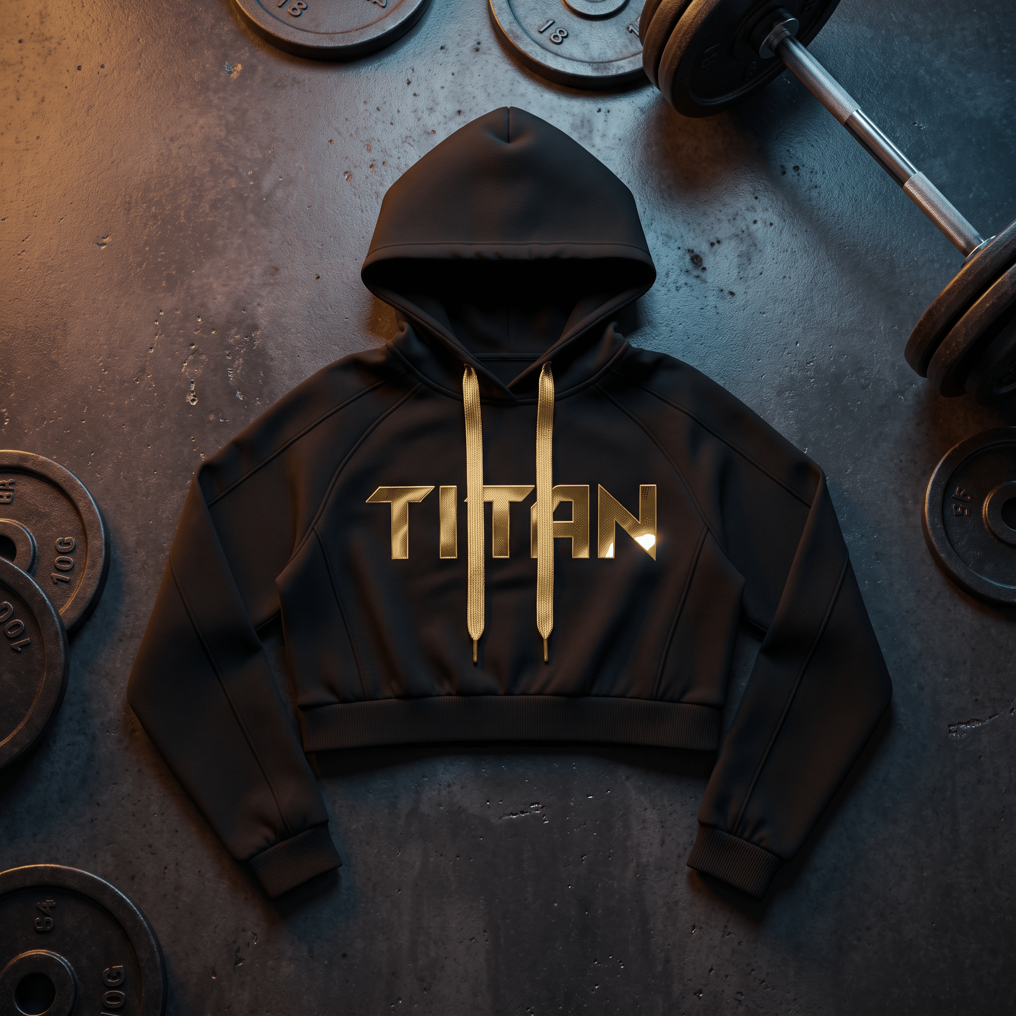 Black cropped hoodie featuring a metallic gold "TITAN" logo and matching gold drawstrings on a gym floor with weights.