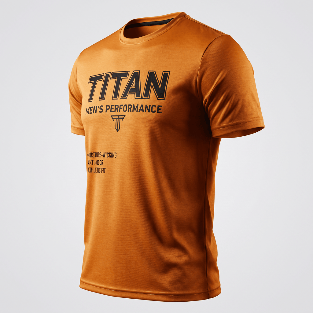Orange Titan mens performance t-shirt with black athletic fit text graphic on front.