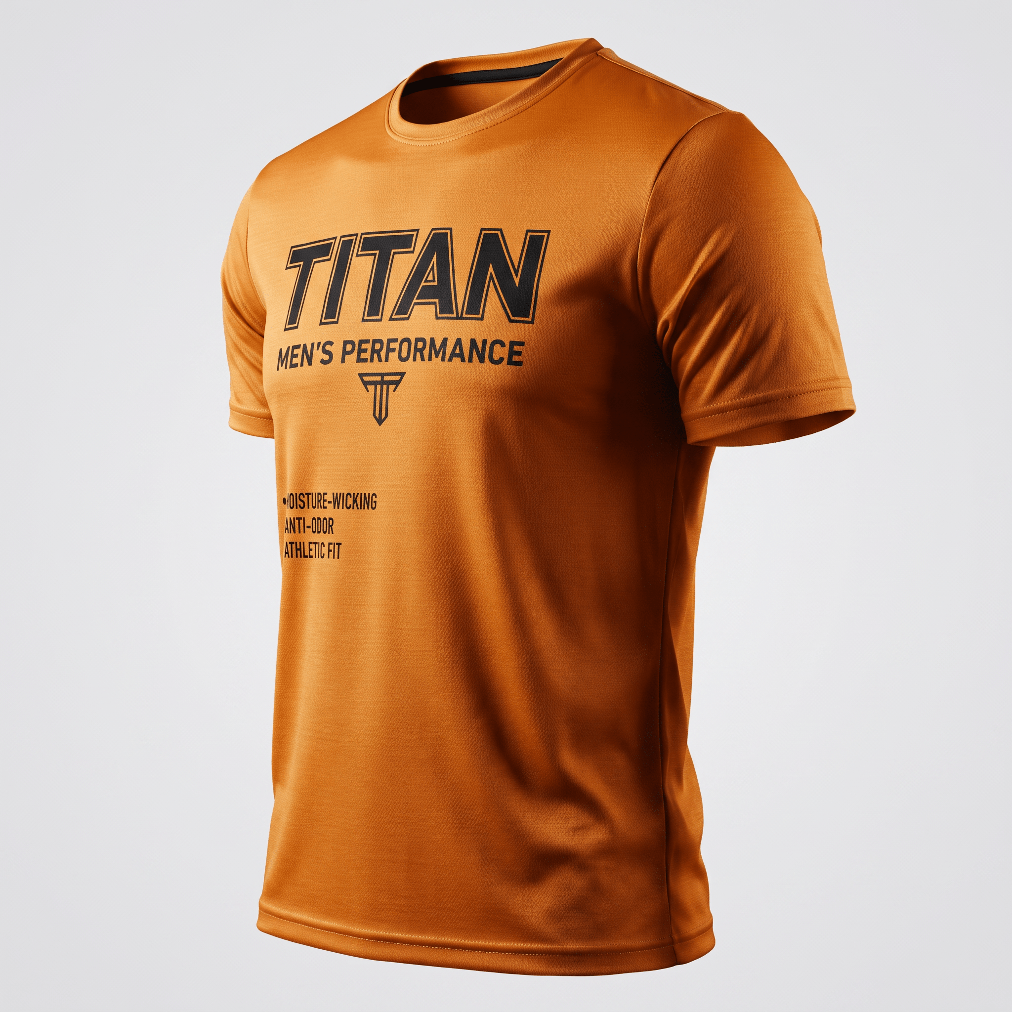 Orange Titan mens performance t-shirt with black athletic fit text graphic on front.