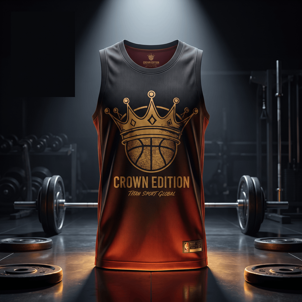 Black and red basketball jersey with a gold crown and basketball logo, reading "CROWN EDITION" in a gym setting.
