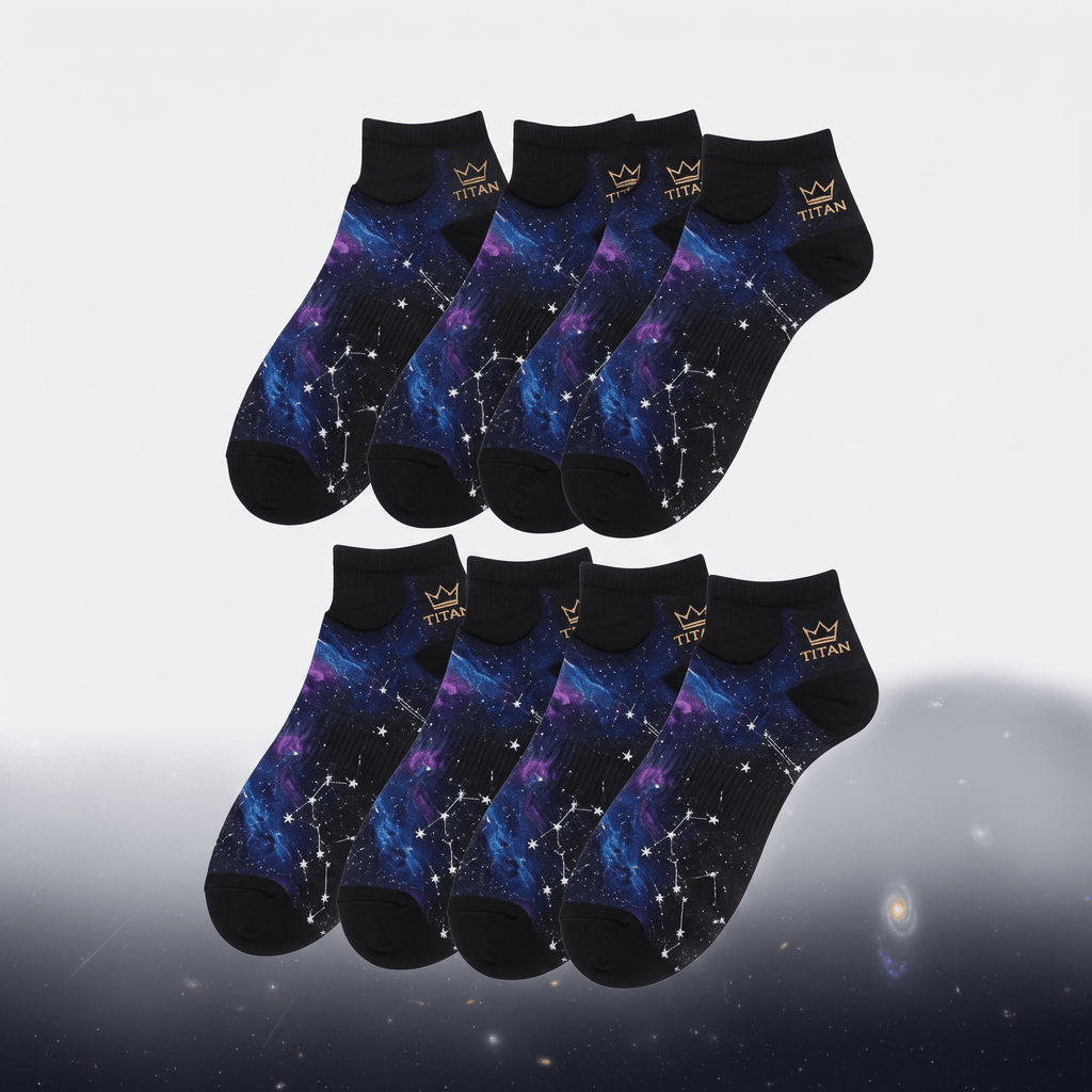 Eight pairs of black ankle socks featuring a blue and purple galaxy print with white constellation patterns.
