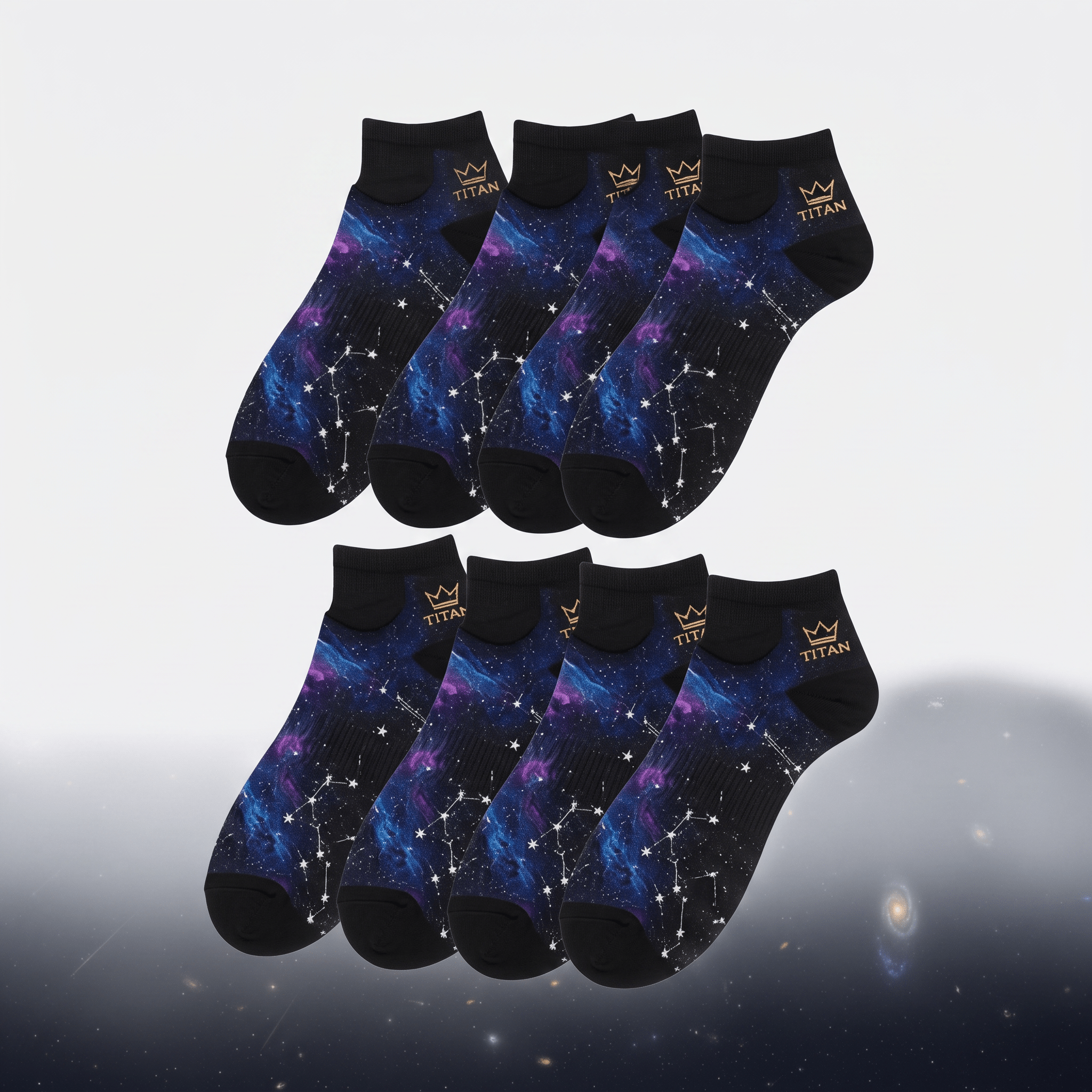 Eight pairs of black ankle socks featuring a blue and purple galaxy print with white stars and constellation lines.