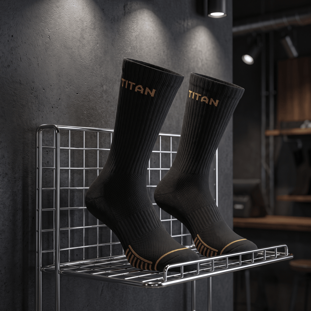 Pair of black athletic crew socks with "TITAN" branding and gold accents, displayed on a chrome wire shelf.