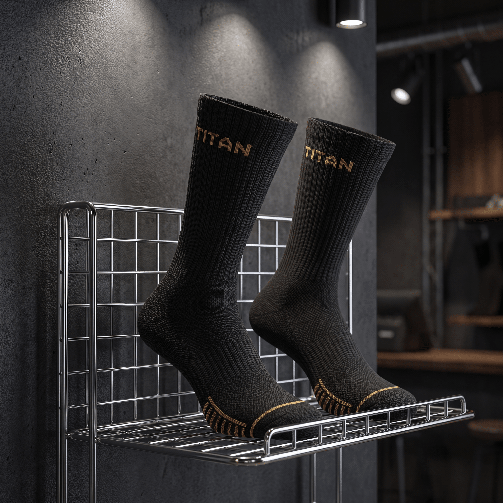 Pair of black athletic crew socks with "TITAN" branding and gold accents, displayed on a chrome wire shelf.