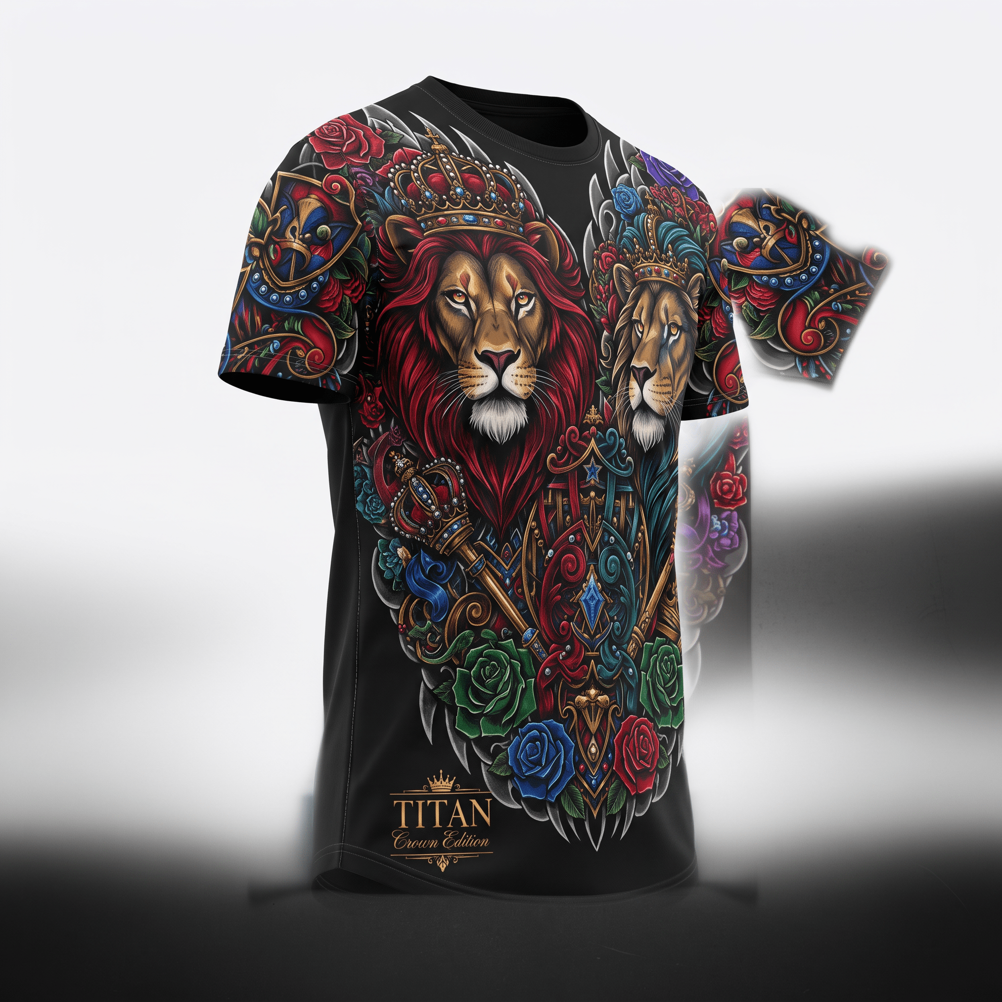 Black crewneck t-shirt featuring vibrant graphic print of crowned lions, roses, and crests in red and blue.