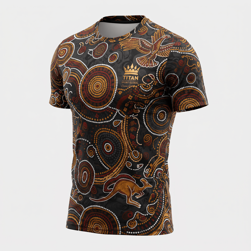 Black short-sleeve athletic t-shirt featuring Indigenous Australian dot art, a kangaroo, an eagle, and a gold crown logo.