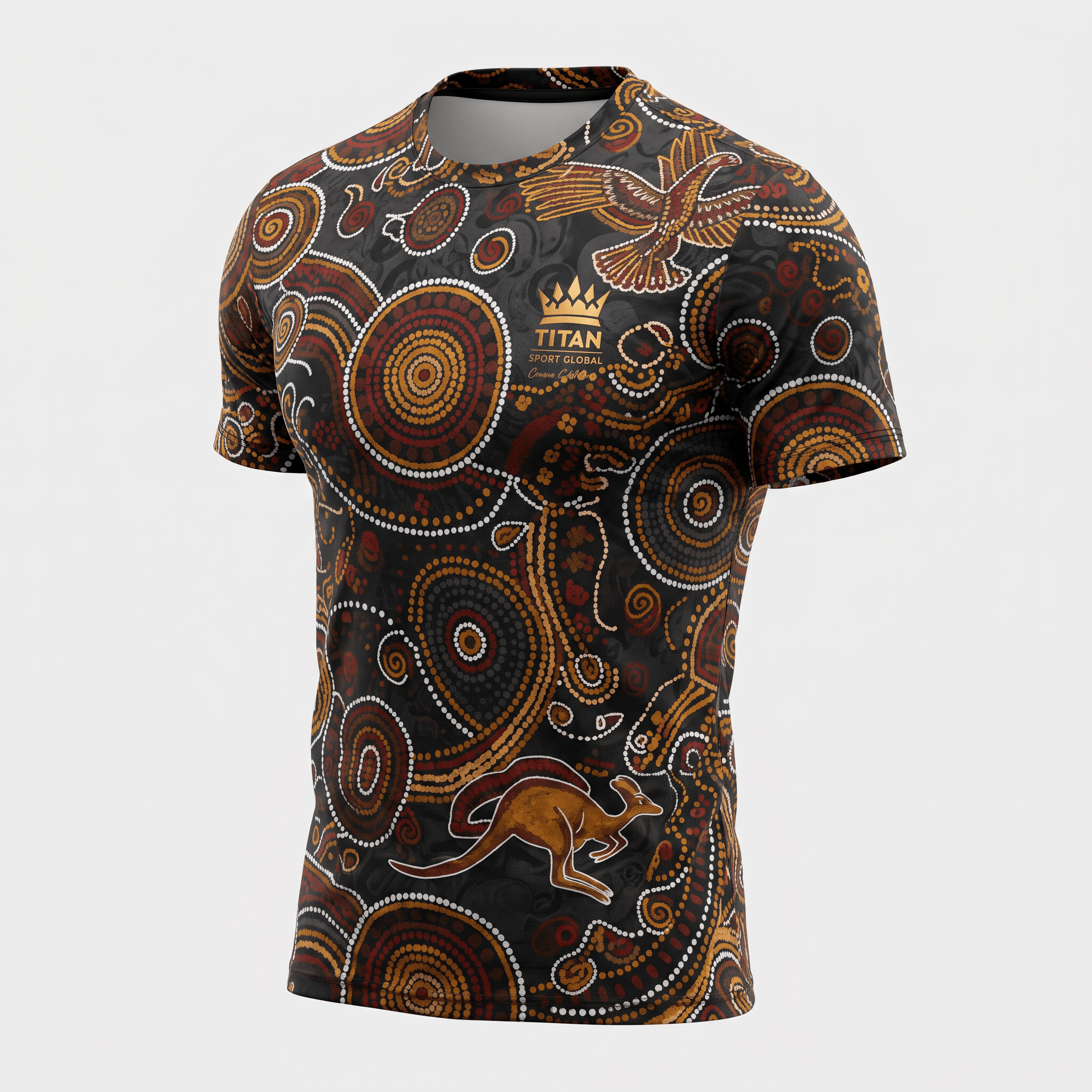 Black short-sleeve athletic t-shirt featuring Indigenous Australian dot art, a kangaroo, an eagle, and a gold crown logo.